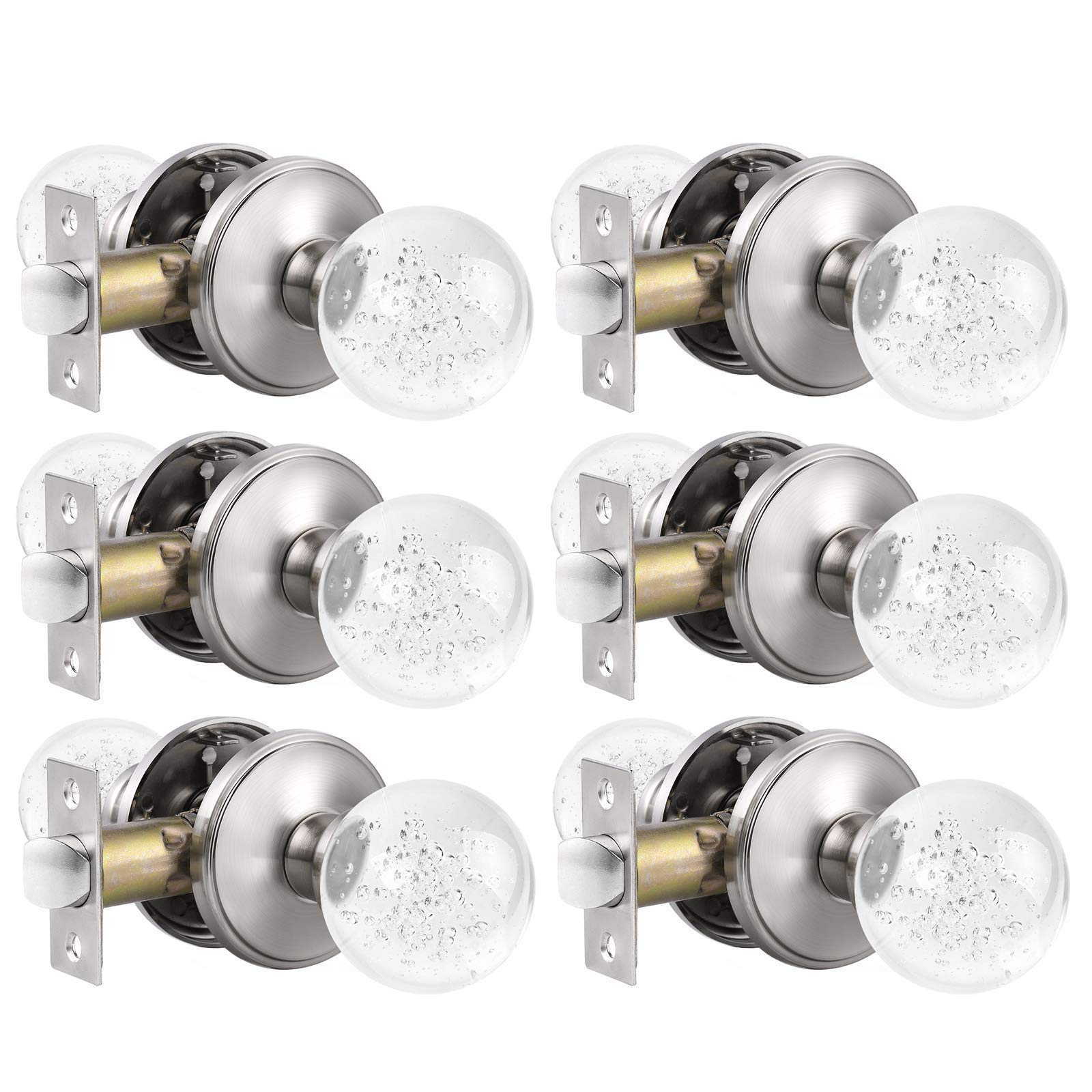 6 Pack Crystal Glass Door Knobs with Bubbles - Satin Nickel Keyless Interior Door Lockset - Round Closet & Bedroom Door Handles for Home & Office Use