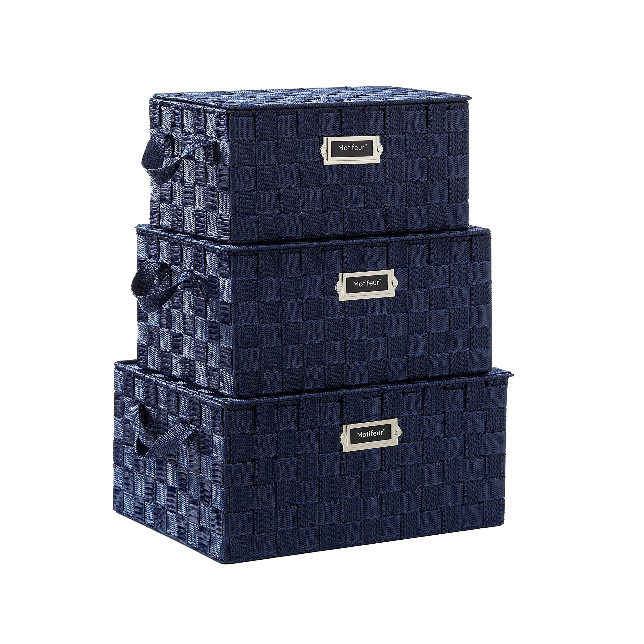Motifeur Decorative Woven Storage Baskets with Lid - Set of 3 Stackable Bathroom & Bedroom Organization Bins - Navy Blue Labeled Baskets with Strap Handles for Home Decor and Clutter Control