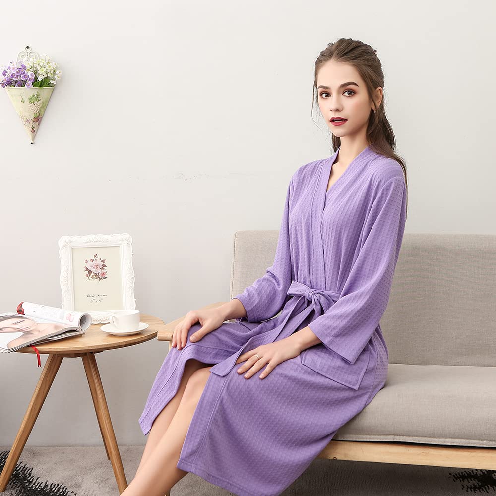 Rojeam Women's Lightweight Kimono Waffle Robe - Soft Unisex Bathrobe with Pockets for Spa, Sleepwear & Lounge Wear - Knee Length Comfortable Cotton Robe for Home Relaxation and Gift Giving