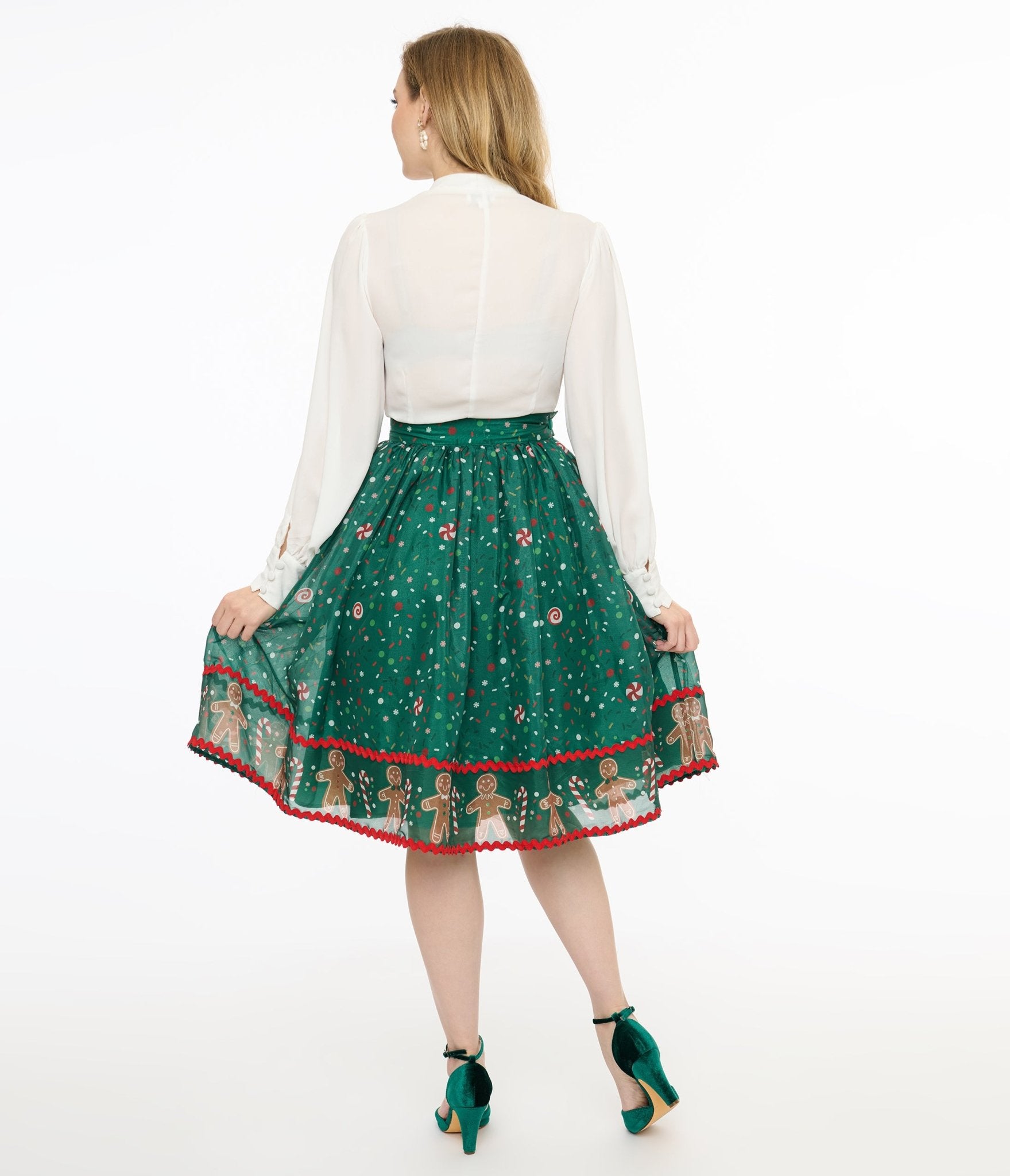 Vintage 1950s Green Gingerbread Border Swing Skirt - Retro A-Line Skirt with Unique Pattern | Perfect for Vintage Fashion, Holiday Parties & Pinup Style Outfits