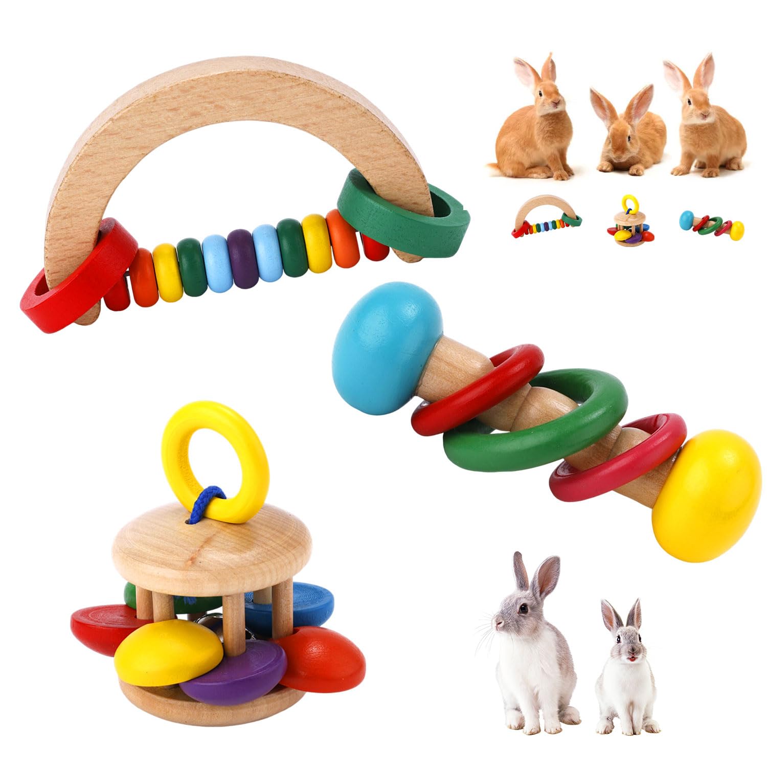 Natural Wooden Bunny Chew Toys for Rabbits - Safe Bite-Resistant Small Animal Toys for Guinea Pigs, Chinchillas, Hamsters & Parrots - Indoor Pet Enrichment for Teeth Grinding & Boredom Relief - Perfect for Playtime, Cage Accessories & Dental Care