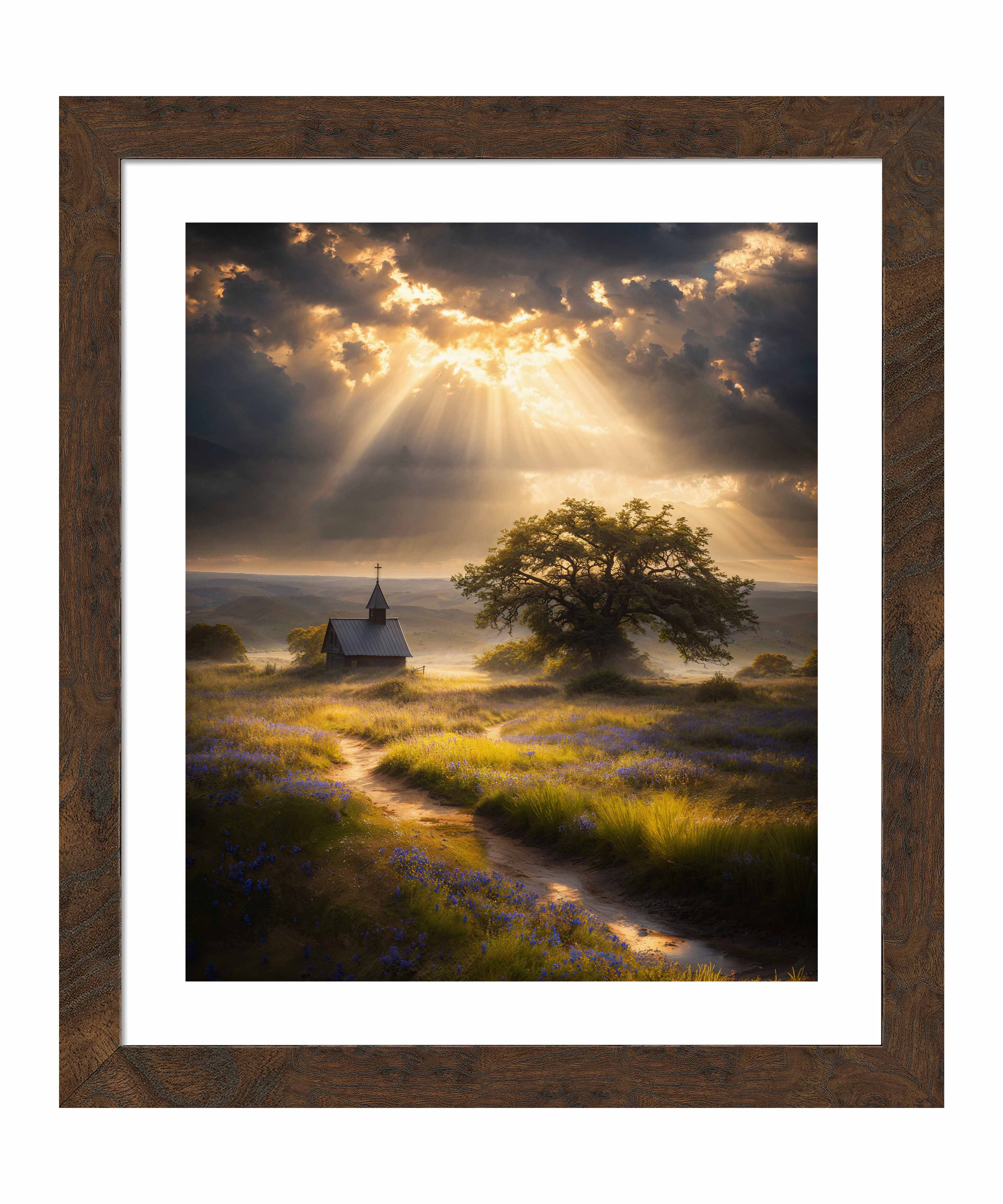 Celestial Rays Over Lone Star Landscape Art Print - Stunning Wall Decor for Living Room, Bedroom & Office