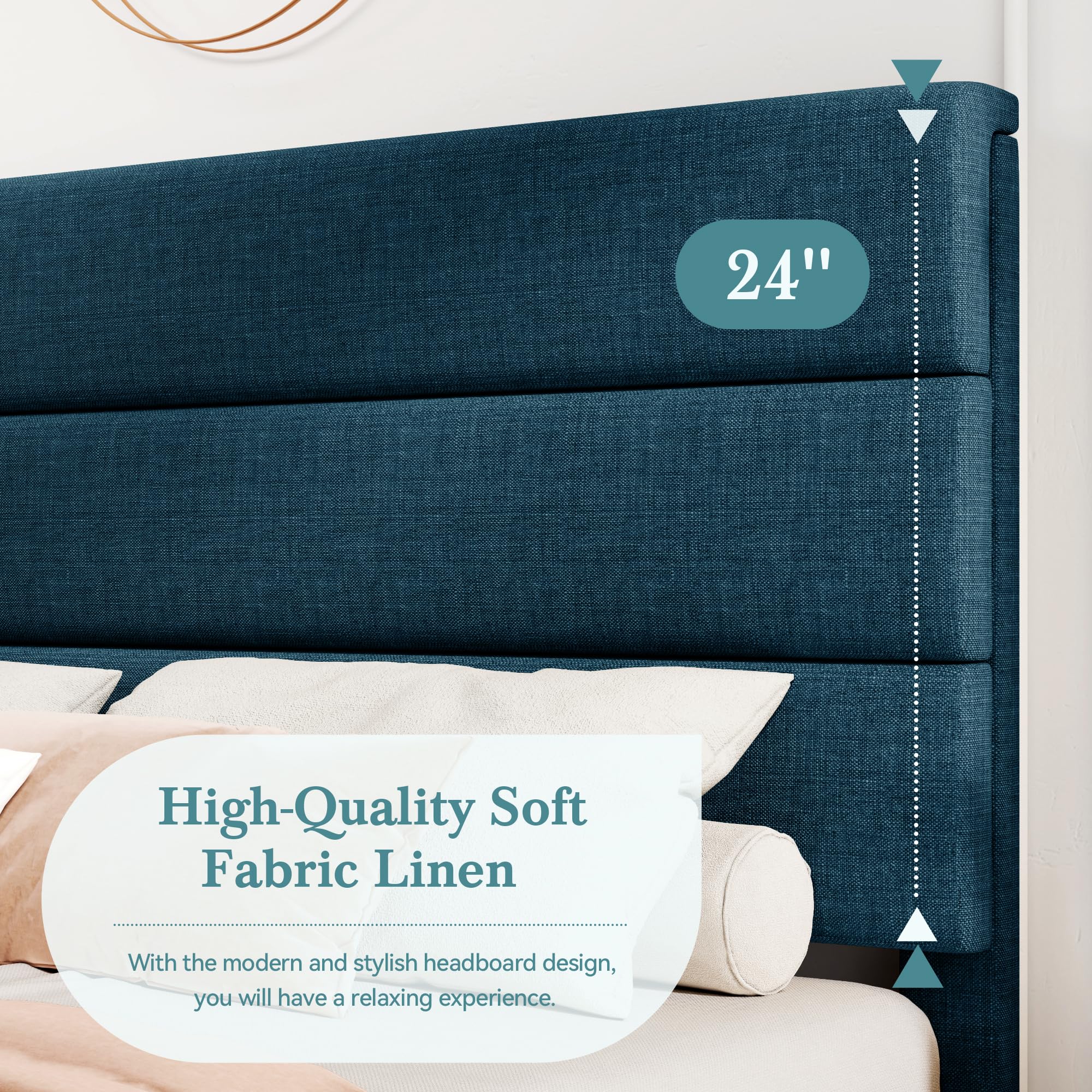 HOOMIC Full Size Bed Frame with Headboard - Upholstered Fabric Platform Bed with Wood Slat Support, No Box Spring Needed, Navy Blue - Perfect for Master Bedroom, Guest Room & Small Space