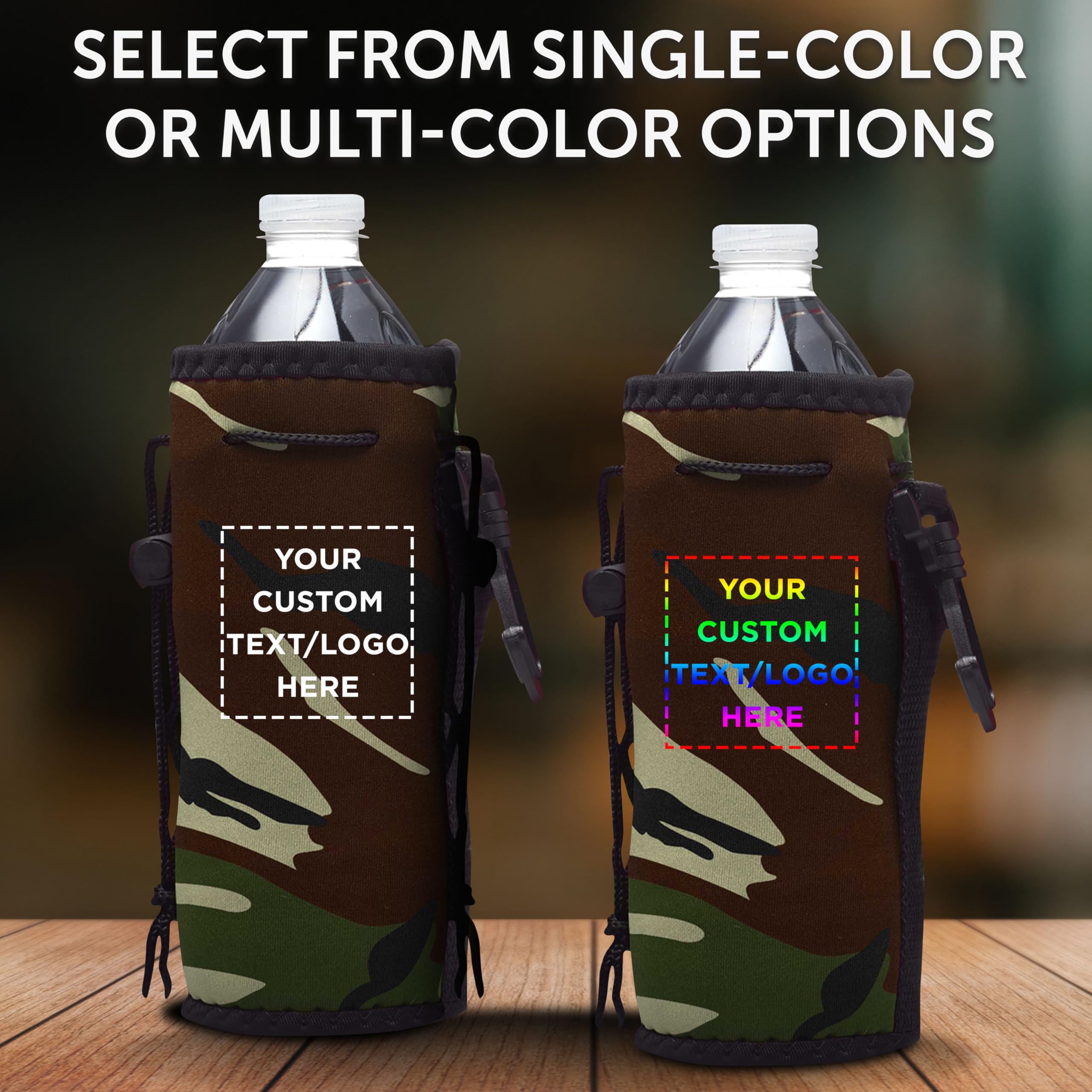 50 Pack Neoprene Water Bottle Insulators with Drawstring - Custom Text & Logo Printing - Fits 12 oz Longneck Bottles - Camouflage Design - Perfect for Outdoor Adventures, Sports Events & Corporate Gifts