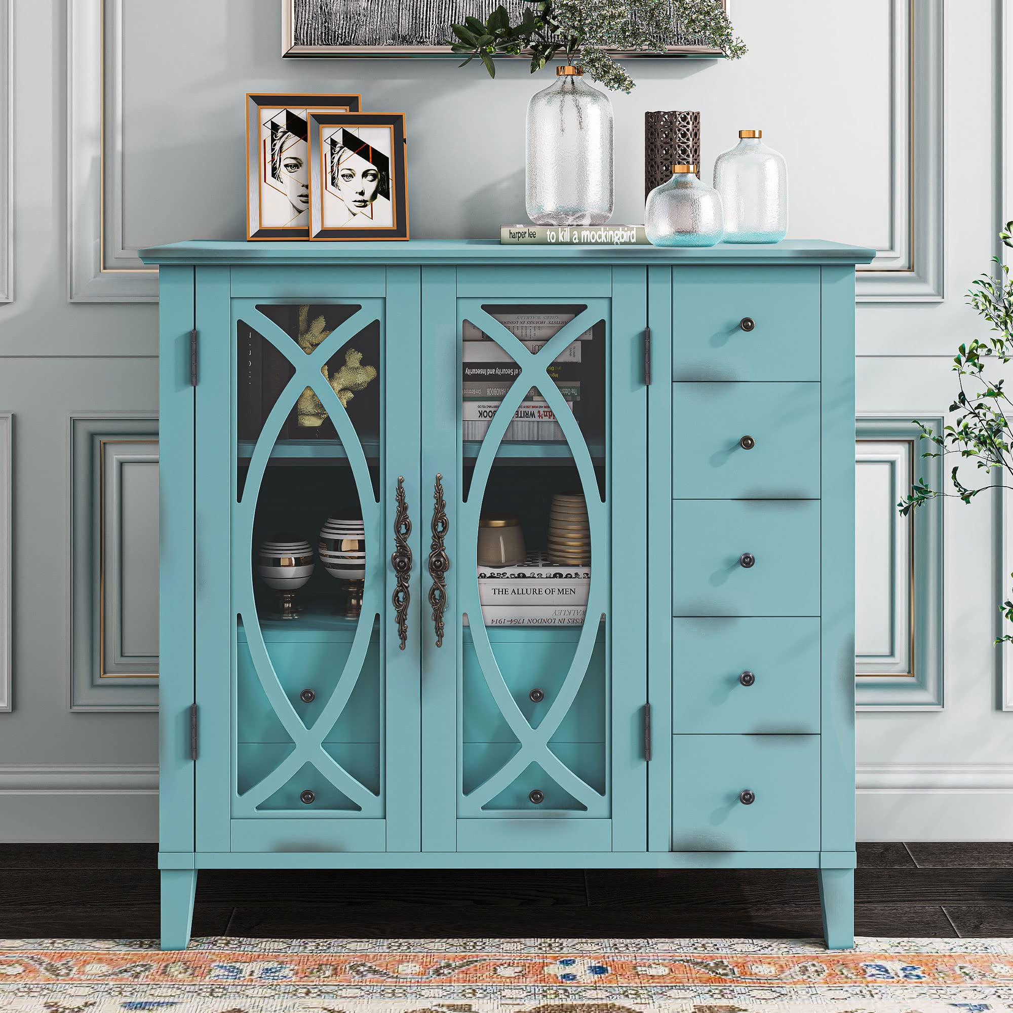 7-Drawer Wooden Accent Storage Cabinet with Adjustable Shelf & Glass Door - Modern Console Table Buffet Sideboard for Hallway, Entryway, Kitchen, Bedroom & Living Room - Perfect for Organizing Dishes, Linens & Home Decor (Antique Light Green)