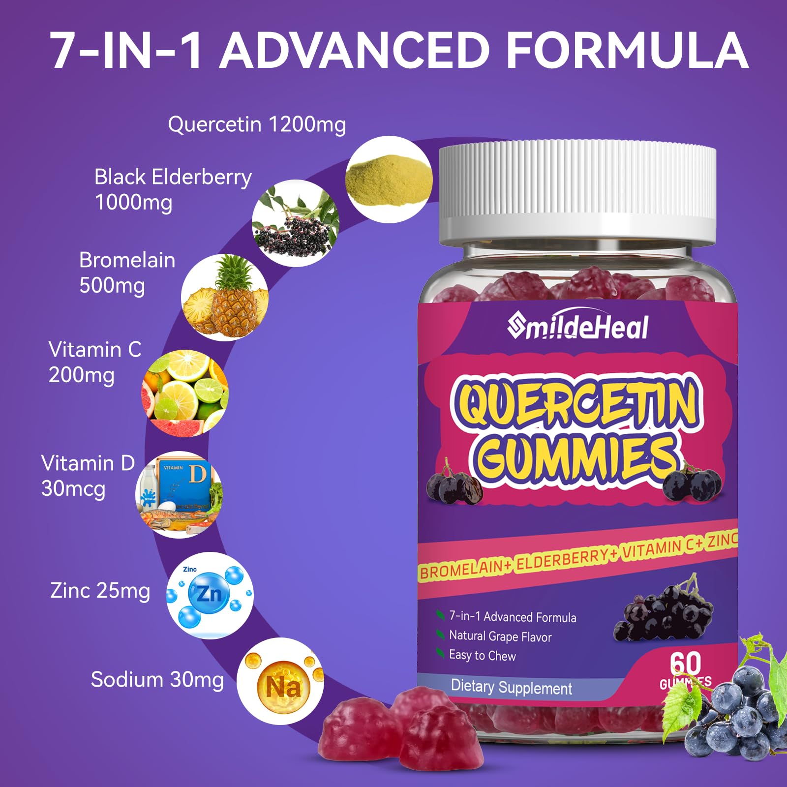 Quercetin Gummies 1200mg with Bromelain, Zinc & Vitamin C - Immune Support Supplement for Adults & Kids - 60 Vegan Gummies for Daily Wellness & Allergy Relief