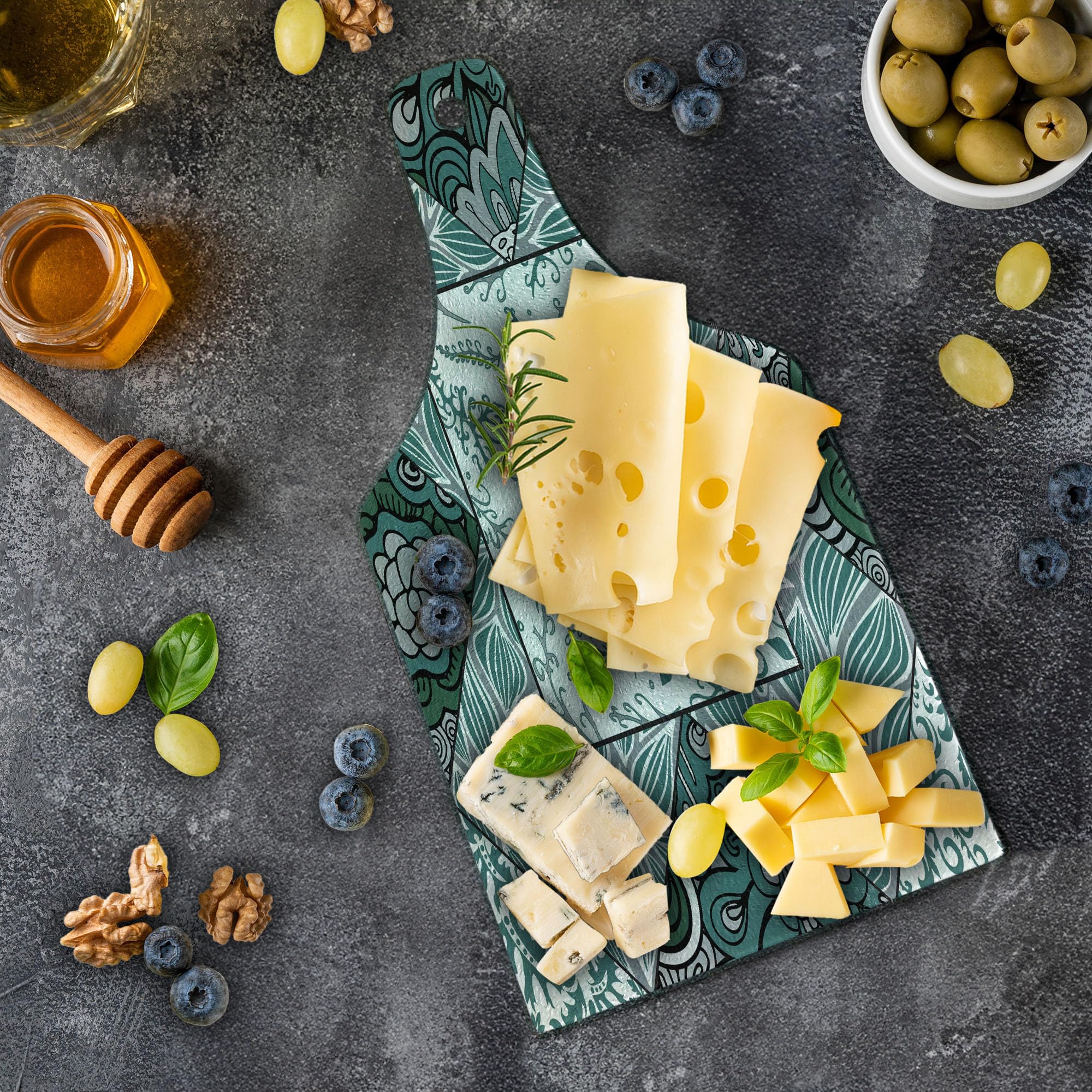 Ambesonne Boho Cutting Board - Shabby Chic Leaves & Floral Print Tempered Glass Serving Board, Wine Bottle Shape in Jade Green, Grey & White | Perfect for Charcuterie, Cheese Platters & Kitchen Decor