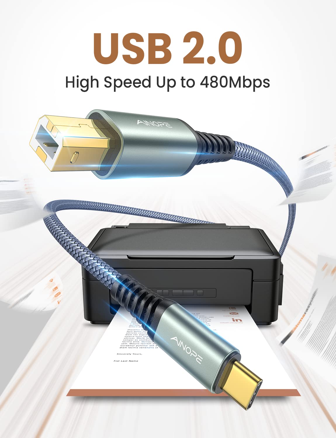 AINOPE 6.6FT USB B to USB C Printer Cable - High Speed USB 2.0 MIDI Cable with Nylon Braiding - Compatible with Yamaha, Casio Digital Piano, MIDI Keyboard, HP, Brother, Canon Printers - Perfect for Home Studio, Office & Music Production