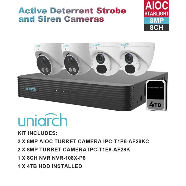 Uniarch M8082T2AIOC 8MP CCTV Security Camera Kit with 8-Channel NVR - Active Deterrence System for Home & Business Surveillance (Indoor/Outdoor Use)