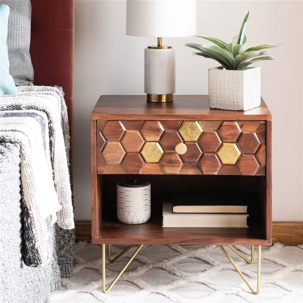 Safavieh Raveena Modern Honeycomb Nightstand with Natural Wood & Brass Hairpin Legs - Perfect for Bedroom, Living Room, or Office Side Table