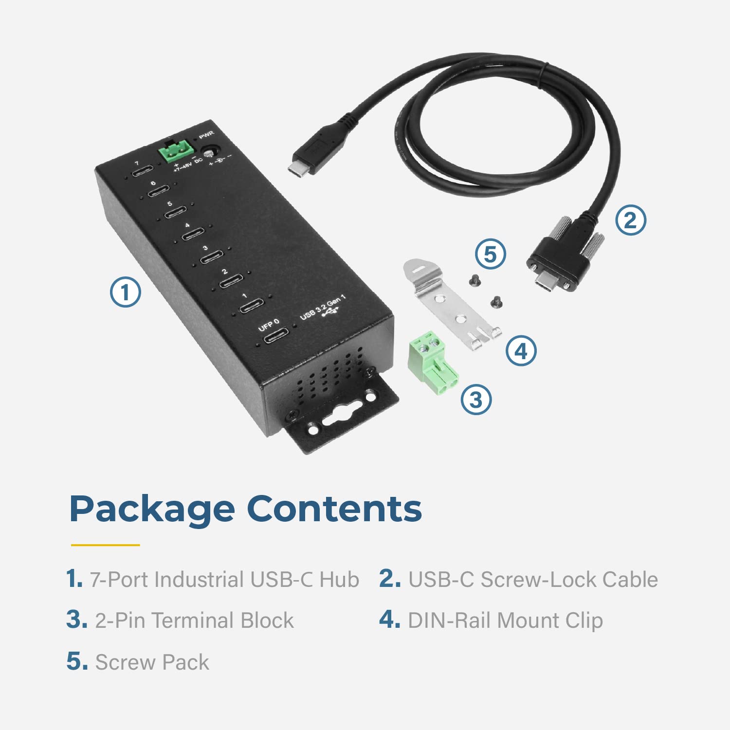 7-Port USB-C 3.2 Hub with 15KV ESD Surge Protection | DIN Rail Mount | High-Speed Data Transfer for Industrial & Office Use