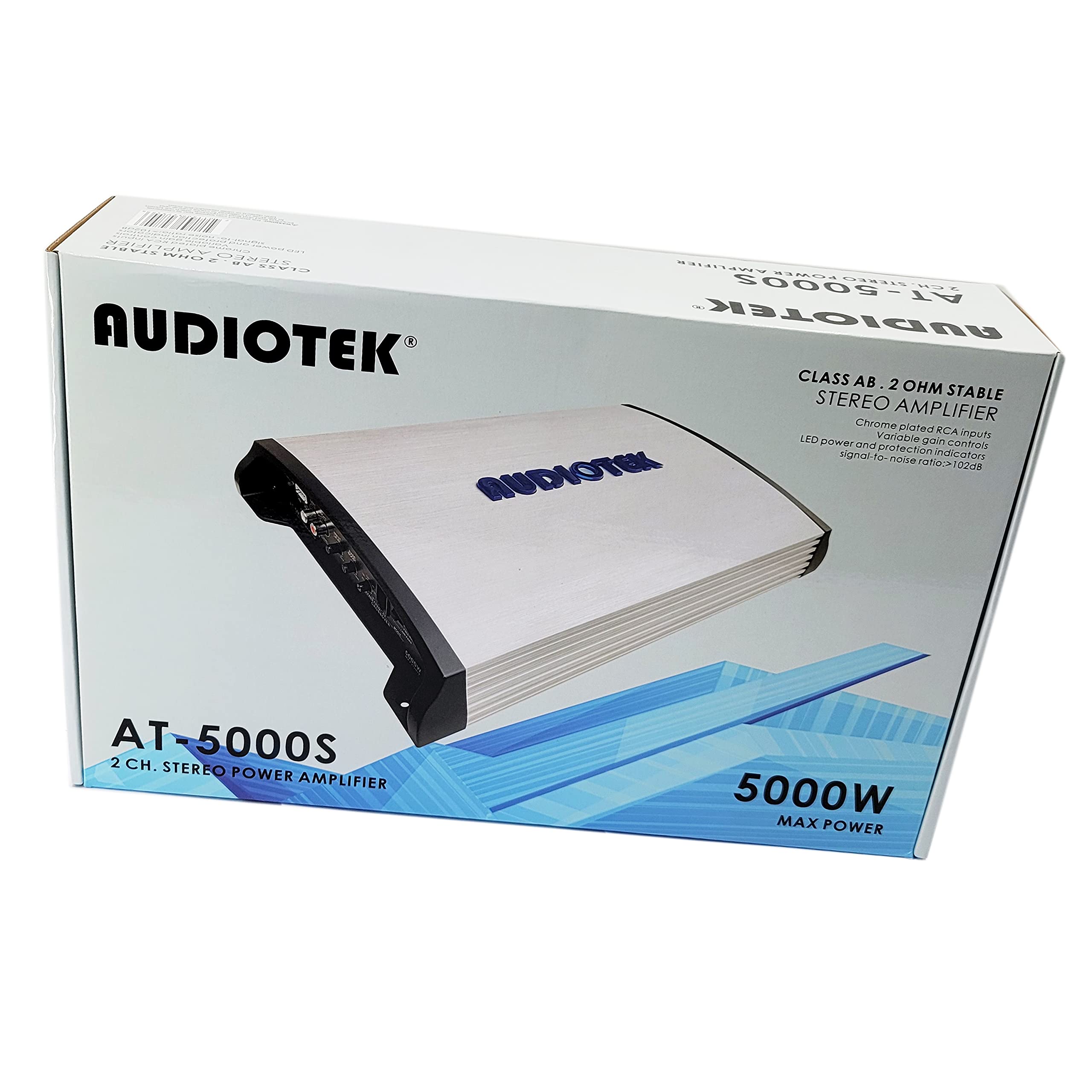 AUDIOTEK AT5000S 2 Channel 5000W Car Stereo Amplifier - 2 Ohm Stable, LED Indicator, Bass Knob, Full Range Audio - Perfect for Car Speakers & Subwoofers | Includes Phone Holder | Great for Road Trips & Car Audio Upgrades