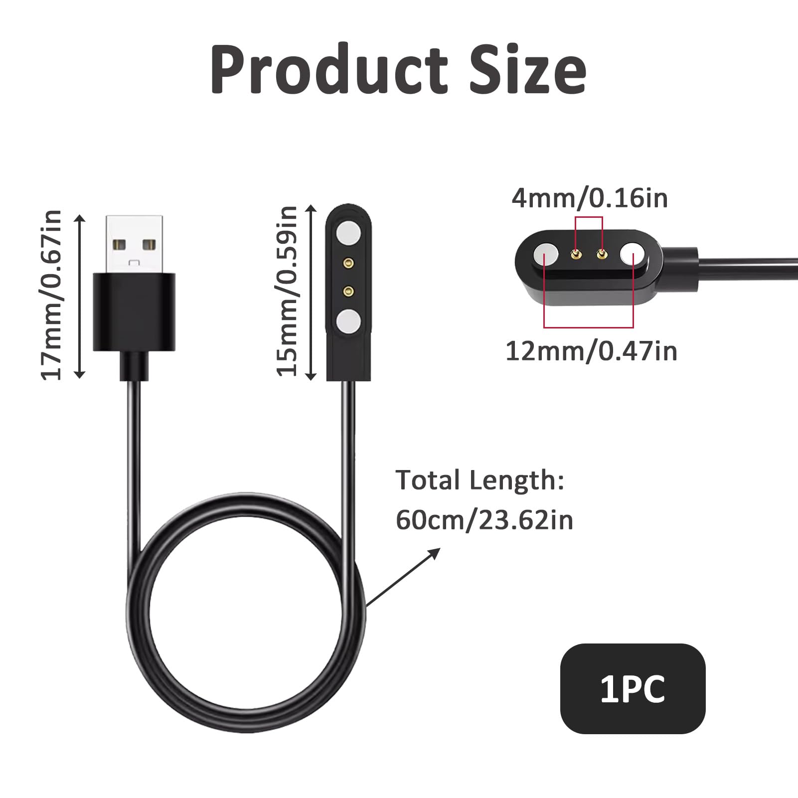 Hukneqn Smart Watch Charger - 2 Pin 4mm Magnetic USB Charging Cable for YAMAY SW022/Ticwatch GTX/Haylou RT LS05S/AGPTEK LW11 | Portable Black Watch Charger with Safety Features | Perfect for Travel, Gym & Daily Use