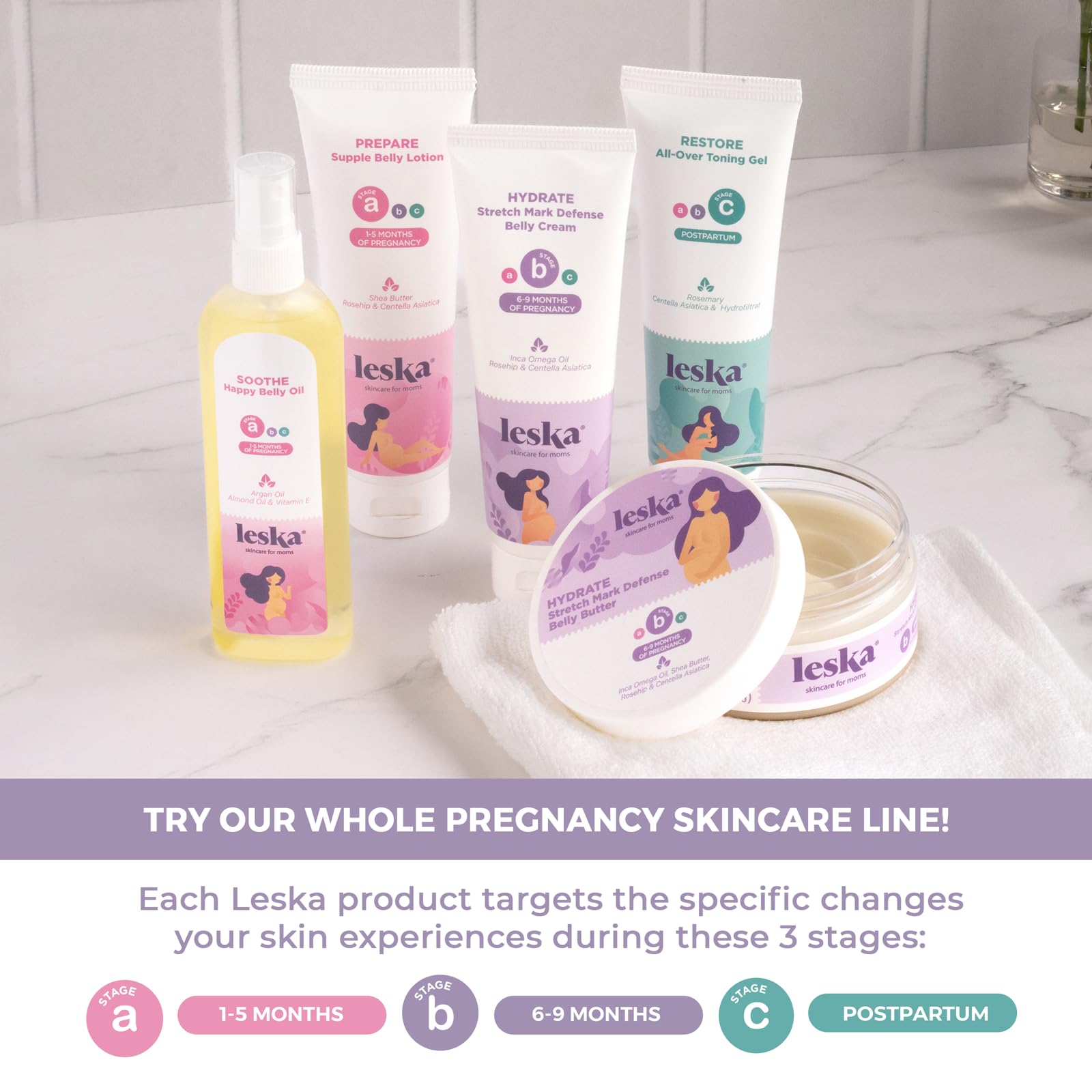 Leska Maternity Skincare Set - Stretch Mark Cream, Belly Butter & Toning Gel for Pregnancy & Postpartum Care | 3-Piece 4oz Kit for All Trimesters | Perfect New Mom Gift for Dry Skin Relief & Body Hydration | Use During Pregnancy, After Delivery & Nursing Period