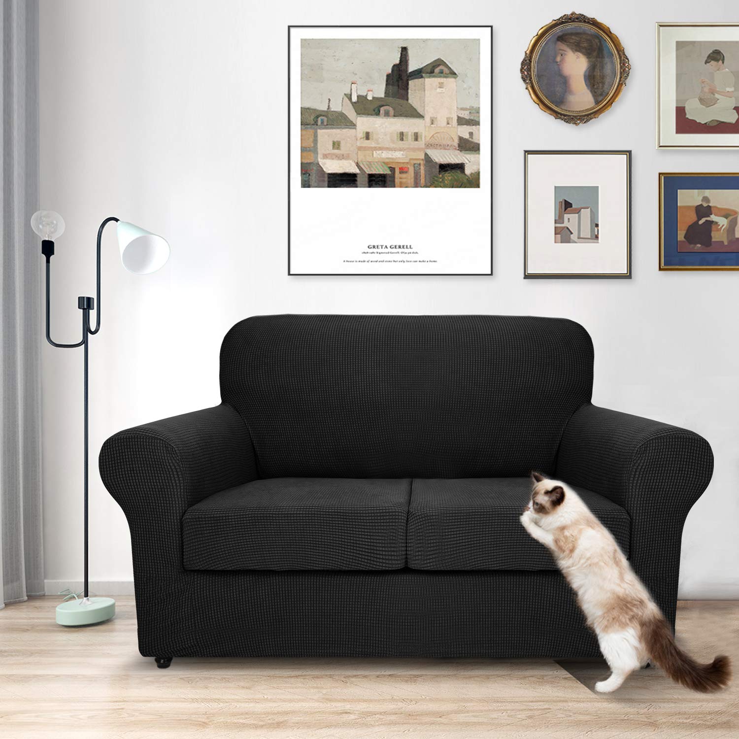 MAXIJIN 3-Piece Stretch Sofa Slipcover - Pet Proof Furniture Protector for 2-Cushion Loveseat, Non-Slip Spandex Fabric, Washable & Durable (Black) - Perfect for Living Room, Apartment & Pet Owners
