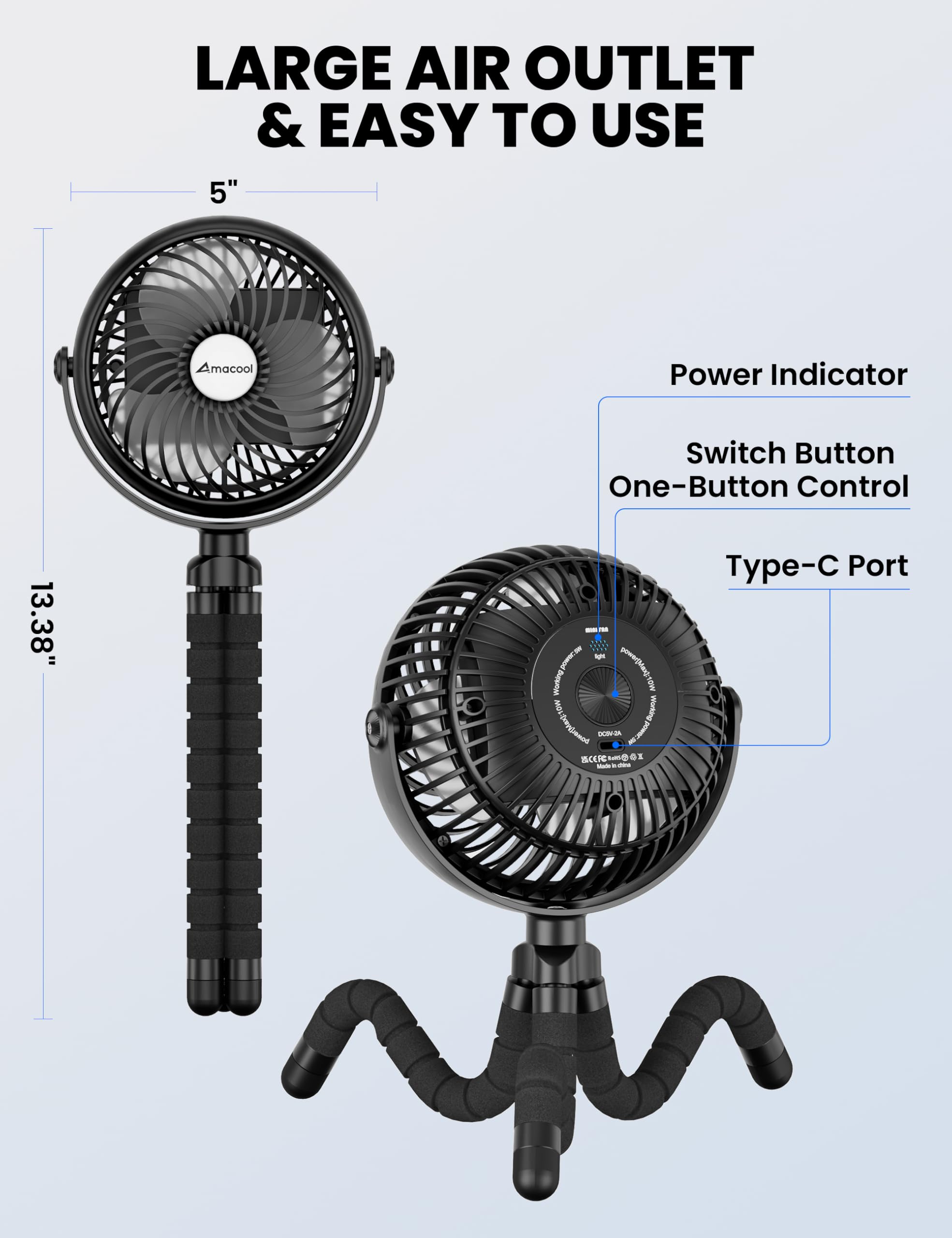 AMACOOL Rechargeable Baby Stroller Fan - 5000mAh Battery, 3-Speed Adjustable, Ultra Quiet with 360° Rotation | Portable Clip Fan for Travel, Car Seat, Crib, Bike & Treadmill | Perfect for Beach Vacations, Outdoor Activities & Nursery Cooling