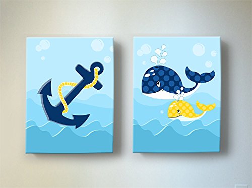 Boys & Girls Canvas Nursery Wall Decor - Adorable Anchor & Ocean Whale Art - Perfect Baby Shower Gift for Nautical Sea Themed Bedrooms & Playrooms - Multiple Colors & Sizes Available - Ideal for Newborn Nursery, Kids Room Decor & Baby Shower Presents
