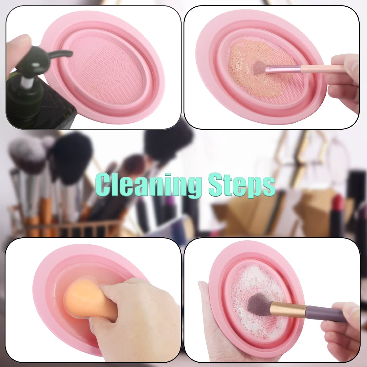 Foldable Silicone Makeup Brush Cleaning Mat & Bowl Set - Easy Clean Girl Makeup Brush Cleaner Washing Tool with Non-Slip Pad (Pink) | Perfect for Home, Travel & Professional Makeup Brush Care
