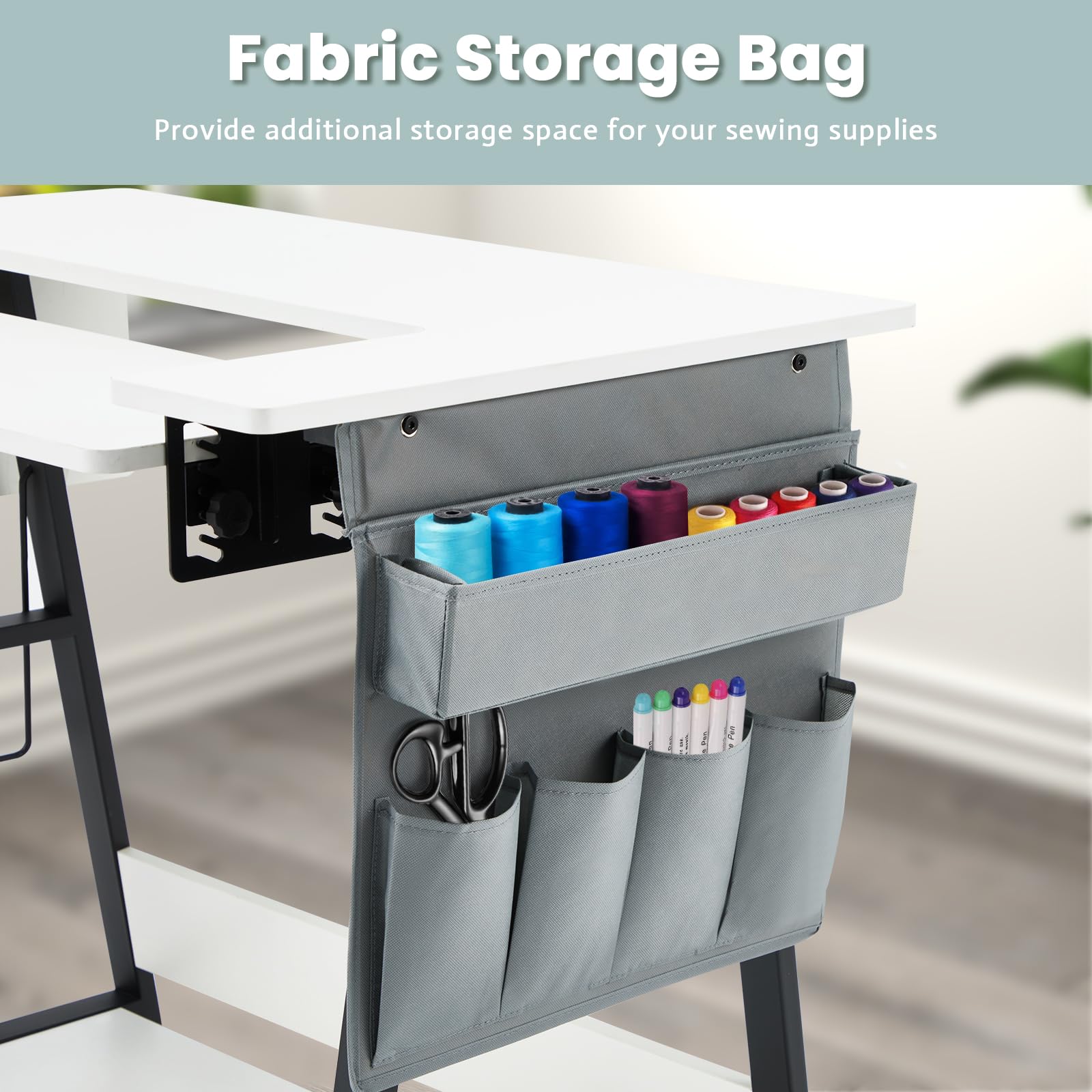 MELLCOM Folding Sewing Table with Adjustable Shelf & Side Pocket - Multi-Purpose Craft Table for Sewing Machines, Hobby Work & Computer Use - Compact White Workstation for Home Office & Craft Room