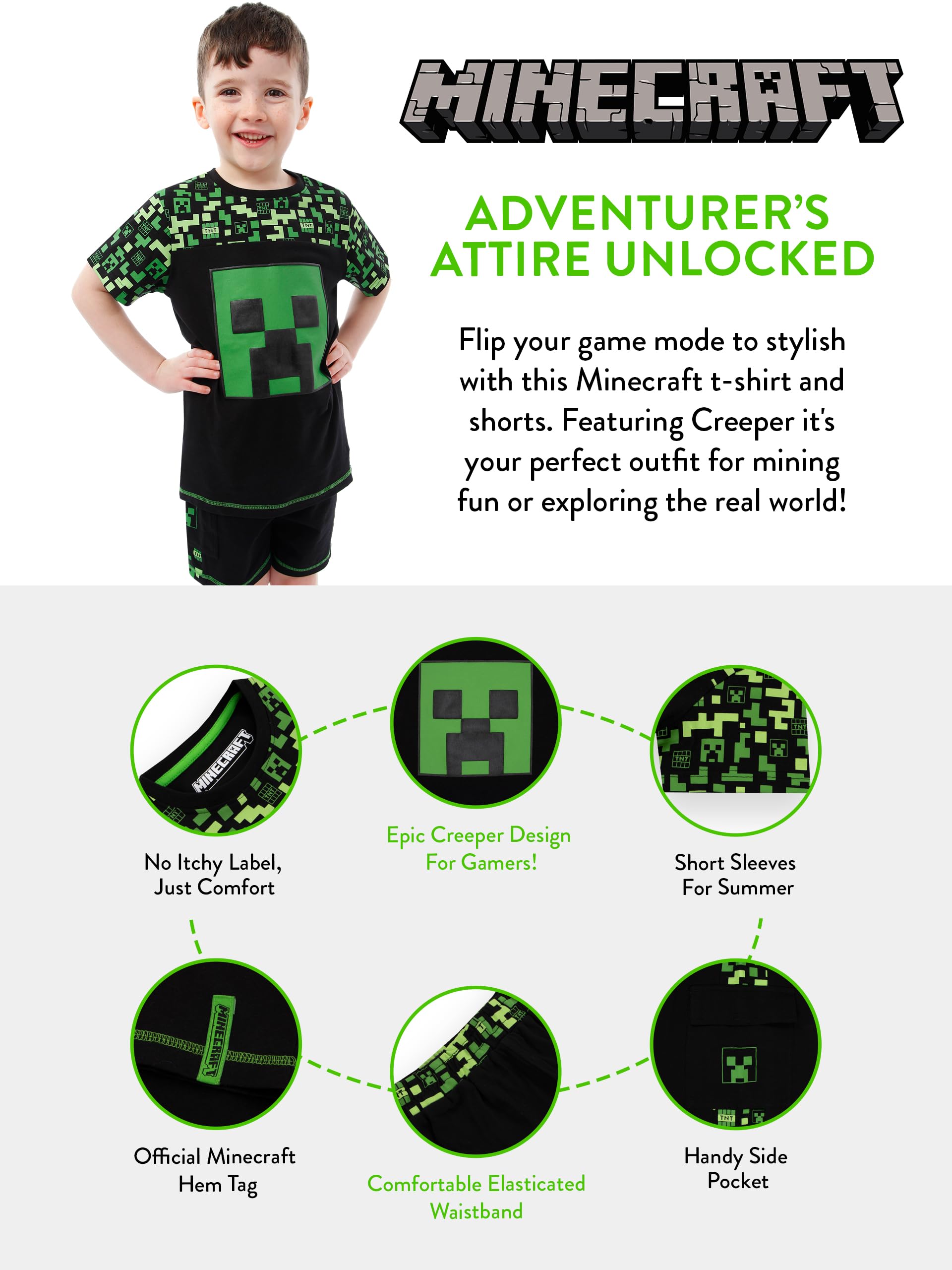 Minecraft Creeper T-Shirt & Shorts Set for Boys - Summer Gaming Outfits