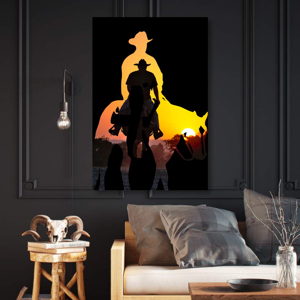 Western Cowboy Canvas Wall Art - 32x48 Inch Framed Painting for Home Decor, Bedroom & Living Room | Rustic Ranch Style Wall Decor for Cabin, Office & Man Cave