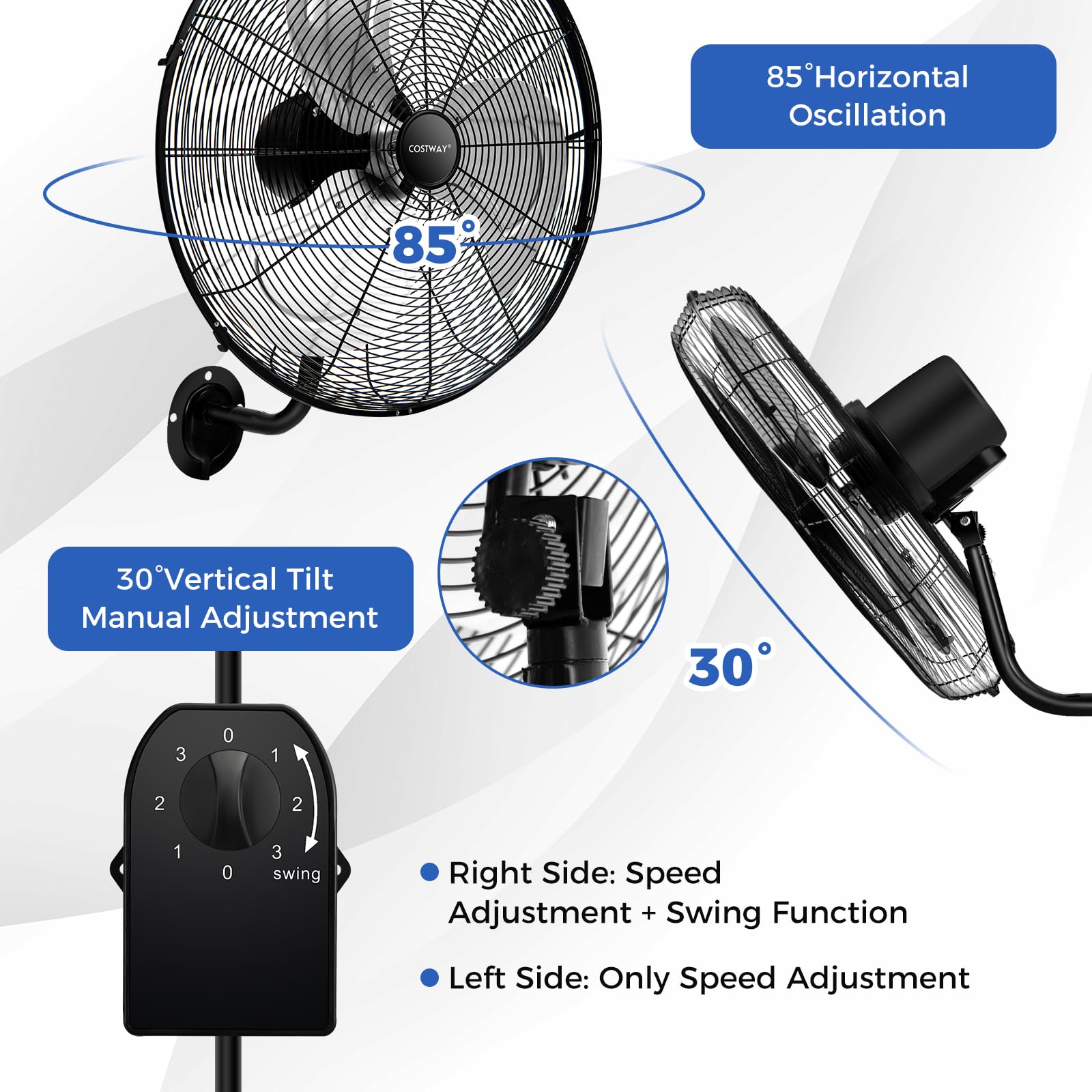 COSTWAY 2-Pack 20-Inch Heavy Duty Metal Wall Mount Fan with 3 Speed Settings, 85° Oscillation & 30° Adjustable Tilt - Aluminum Blade Wall Fan for Garage, Warehouse, Workshop, Home Gym, Patio (Black) | Powerful Cooling for Industrial & Residential Spaces
