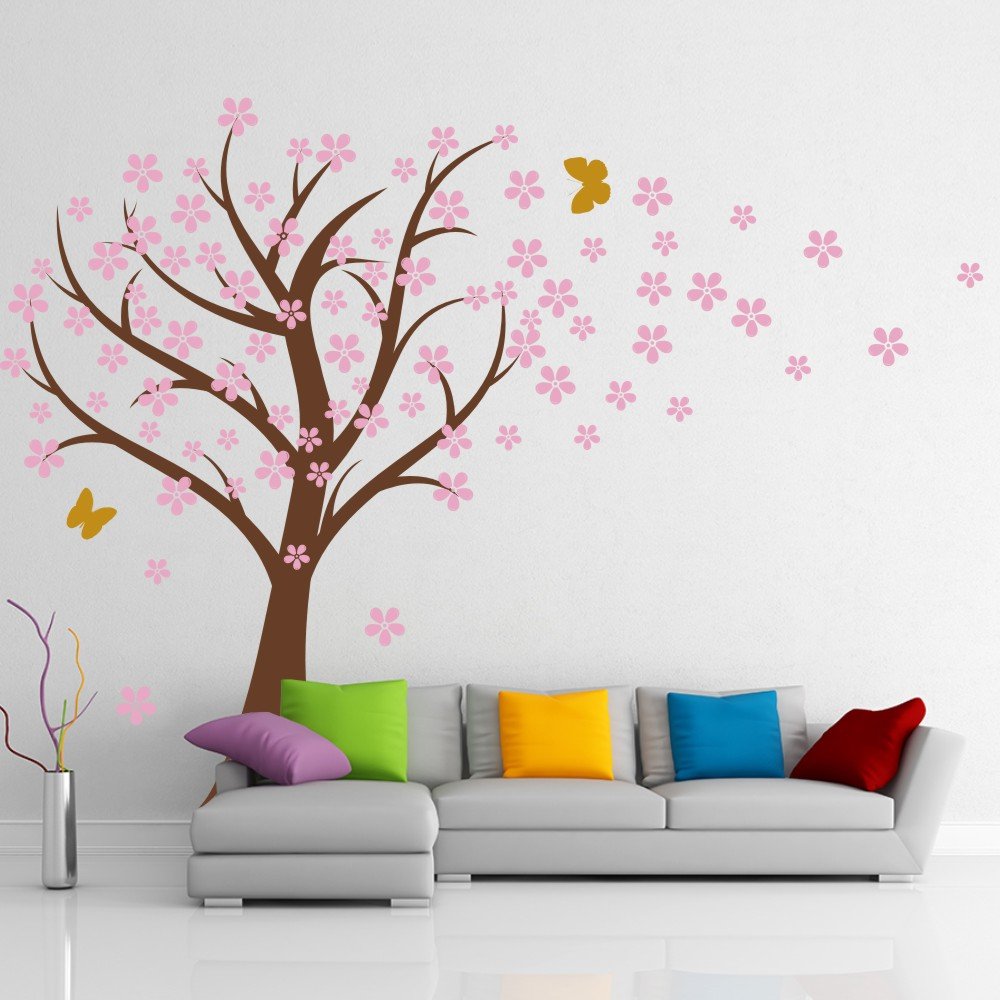 Cherry Blossom Wall Decals for Nursery - Pink Floral Tree Stickers with Butterflies, Nature-Inspired Wall Art Decor for Kids' Room, Baby Shower & Home Decor (Brown Trunk, Soft Pink Flowers & Butterflies) - Perfect for Nursery, Bedroom, Playroom & Living Room Wall Decor