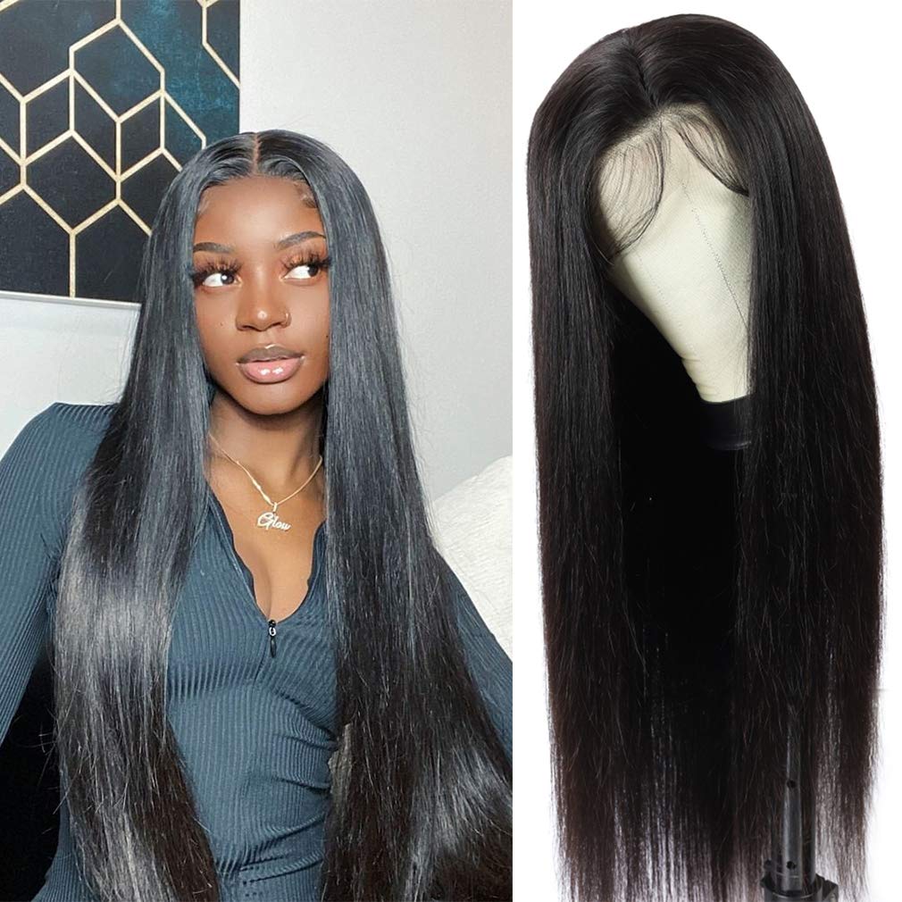 360 Lace Frontal Wig Pre Plucked Hairline with Baby Hair - 20 Inch Straight Human Hair Wigs 150% Density Peruvian Straight Lace Front Wigs Natural Black for Daily Wear, Parties & Special Occasions