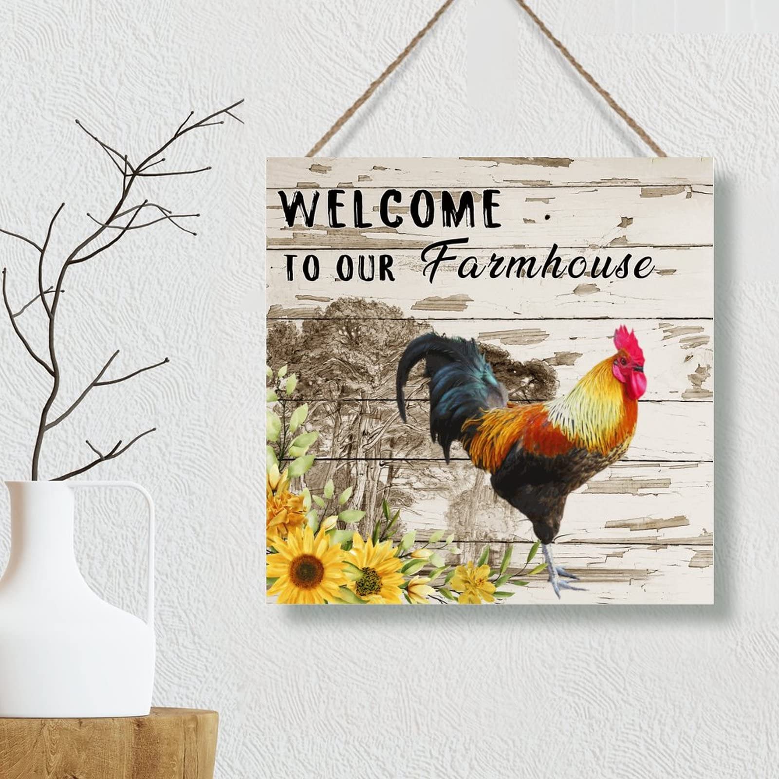 Rustic Farmhouse Wood Wall Sign - Rooster & Chicken Coop Decor - 16x16in Wood Plaque for Kitchen, Living Room, Game Room - Perfect Housewarming & Farmer Birthday Gift