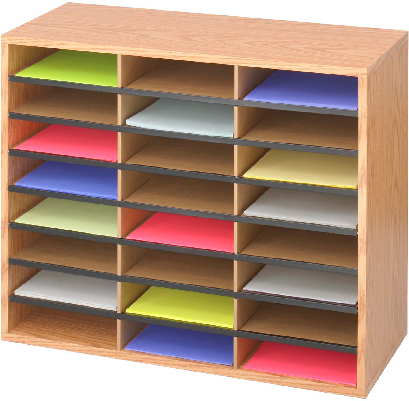 24-Compartment Medium Oak Literature Organizer - Wood & Corrugated File Holder for Office, Classroom, or Home Organization [9402MO]