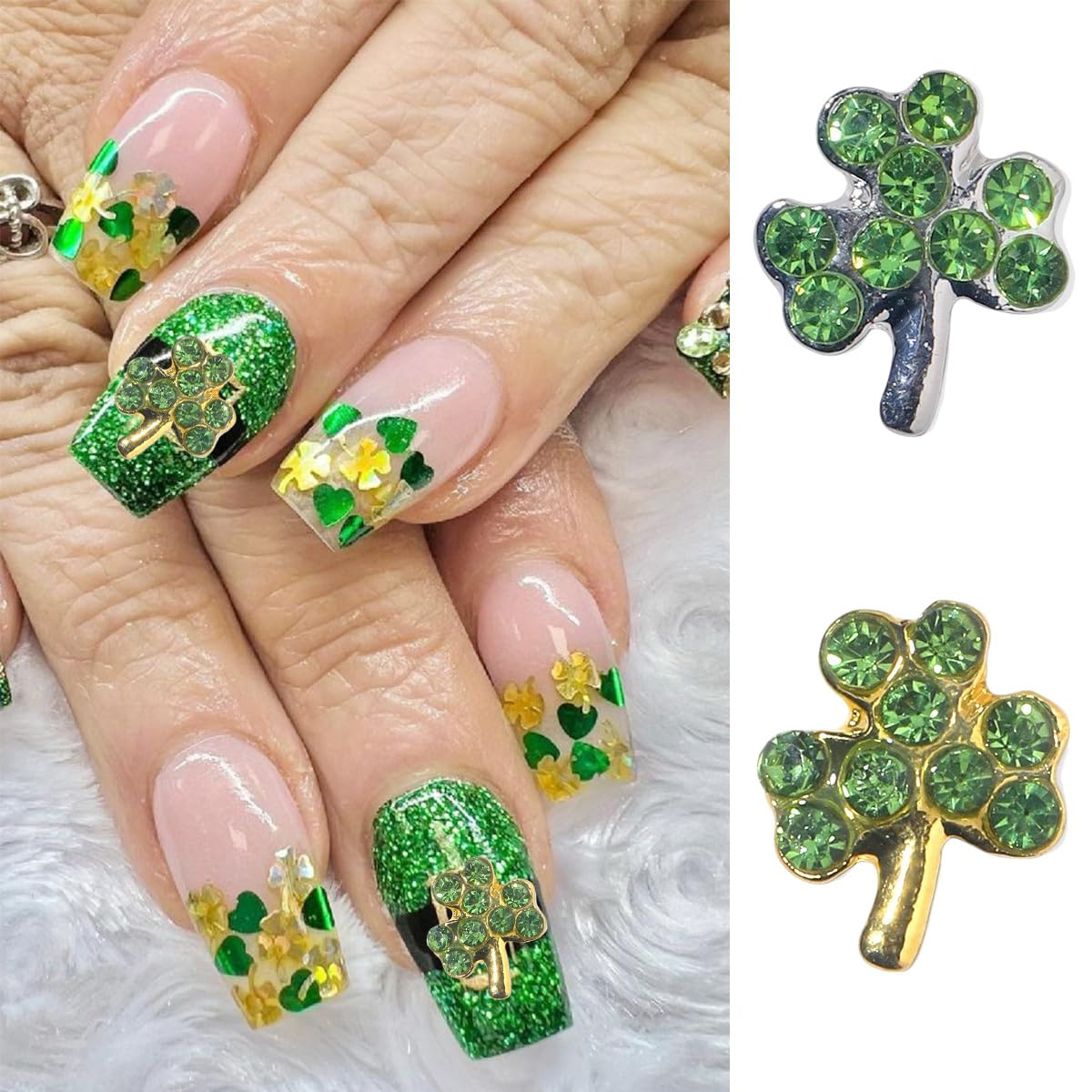 20Pcs St. Patrick's Day 3D Alloy Nail Charms - Green Shamrock Rhinestones, Gold Silver Glitter Nail Art Decorations for Women | Irish Nail Gems for Acrylic Manicure, Salon & DIY Nail Art | Perfect for St. Patrick's Parties, Nail Art Competitions & Festive Celebrations