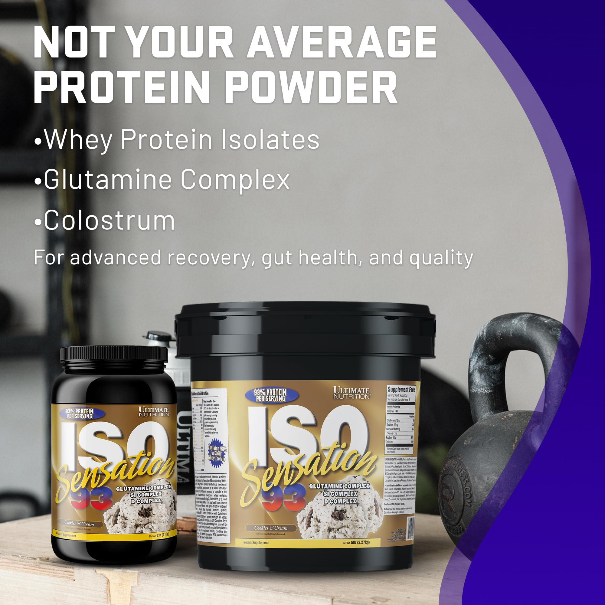 Ultimate Nutrition Whey Protein Isolate Powder with Glutamine Complex - ISO Sensation 93 for Enhanced Recovery, Immunity & Gut Health - Cookies N Cream Flavor, 5lbs - Perfect for Post-Workout, Muscle Building & Healthy Digestion