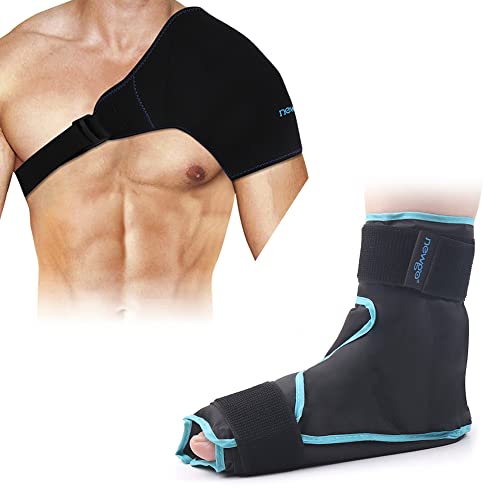 NEWGO Reusable Shoulder & Foot Ice Pack Bundle for Pain Relief, Injuries, Swelling - Perfect for Sports, Post-Surgery Recovery & Muscle Therapy