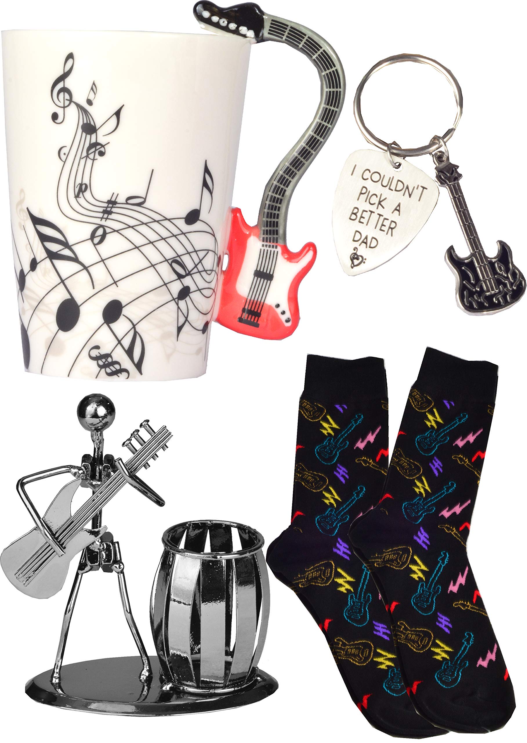 MEANT2TOBE Guitar Lover Gifts for Dad - Coffee Mug, Socks, Metal Pencil Holder & Keychain - Perfect for Father's Day, Birthday & Music Enthusiasts