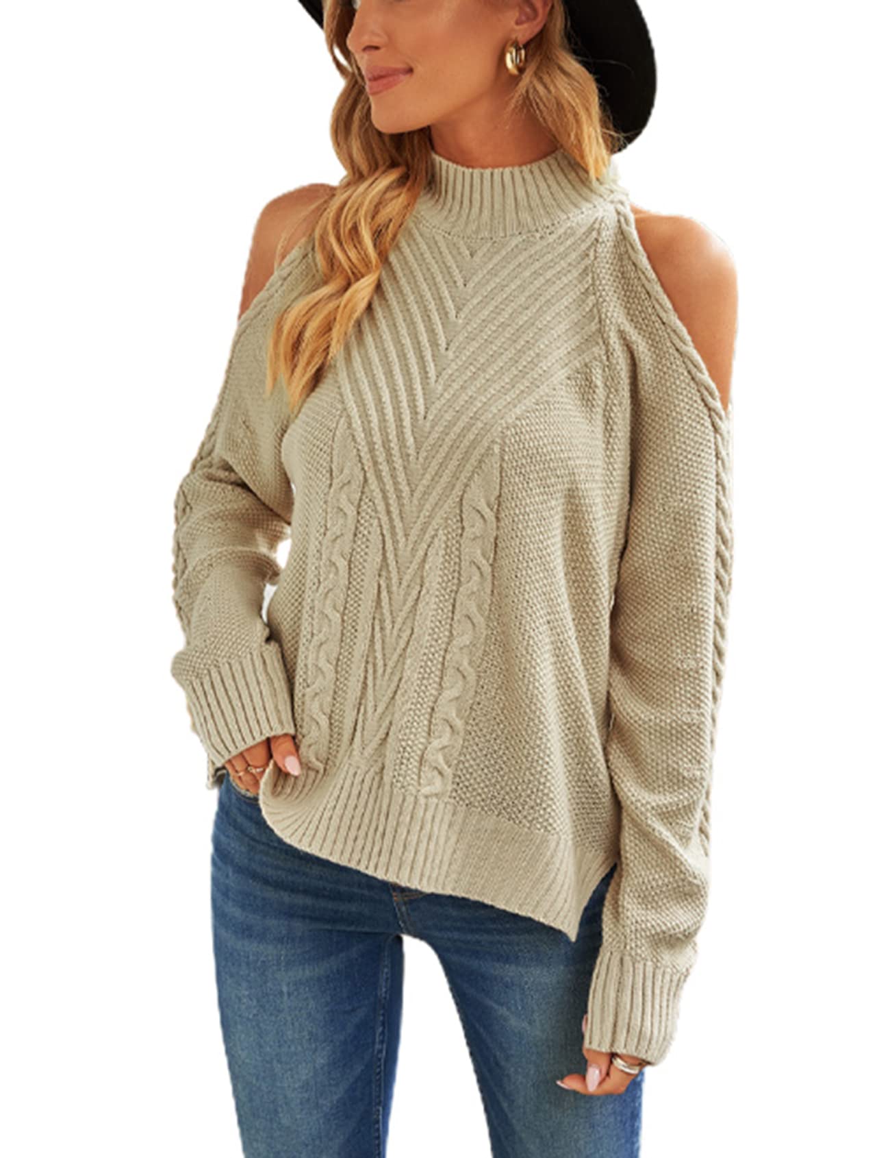Kissonic Women's Casual Loose Long Sleeve Off Shoulder Pullover Knit Sweater - Cozy Fall Winter Jumper Tops for Layering, Date Nights & Office Wear