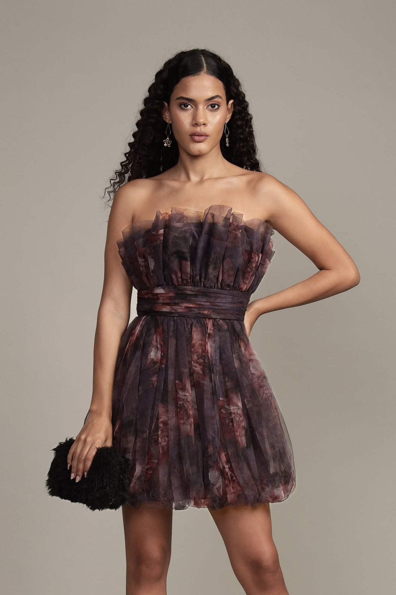 Nanita Mini Dress with Balloon Hem in Plum Floral Print - Elegant Summer Party Dress for Women, Perfect for Weddings, Dates & Cocktail Events