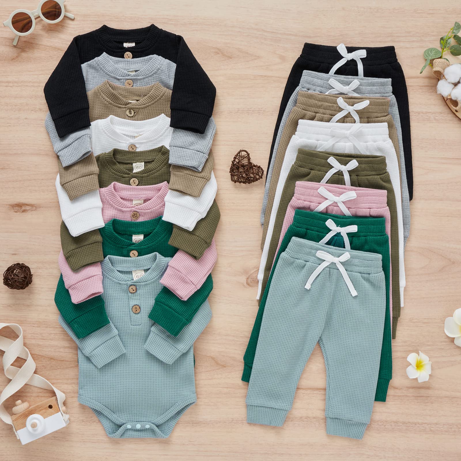 Fall & Winter Newborn Baby Clothes Set - Unisex Infant Waffle Knit Outfit with Long Sleeve Top & Pants | Cozy Winter Wear for Boys & Girls | Perfect for Family Photos, Holiday Outfits & Daily Comfort