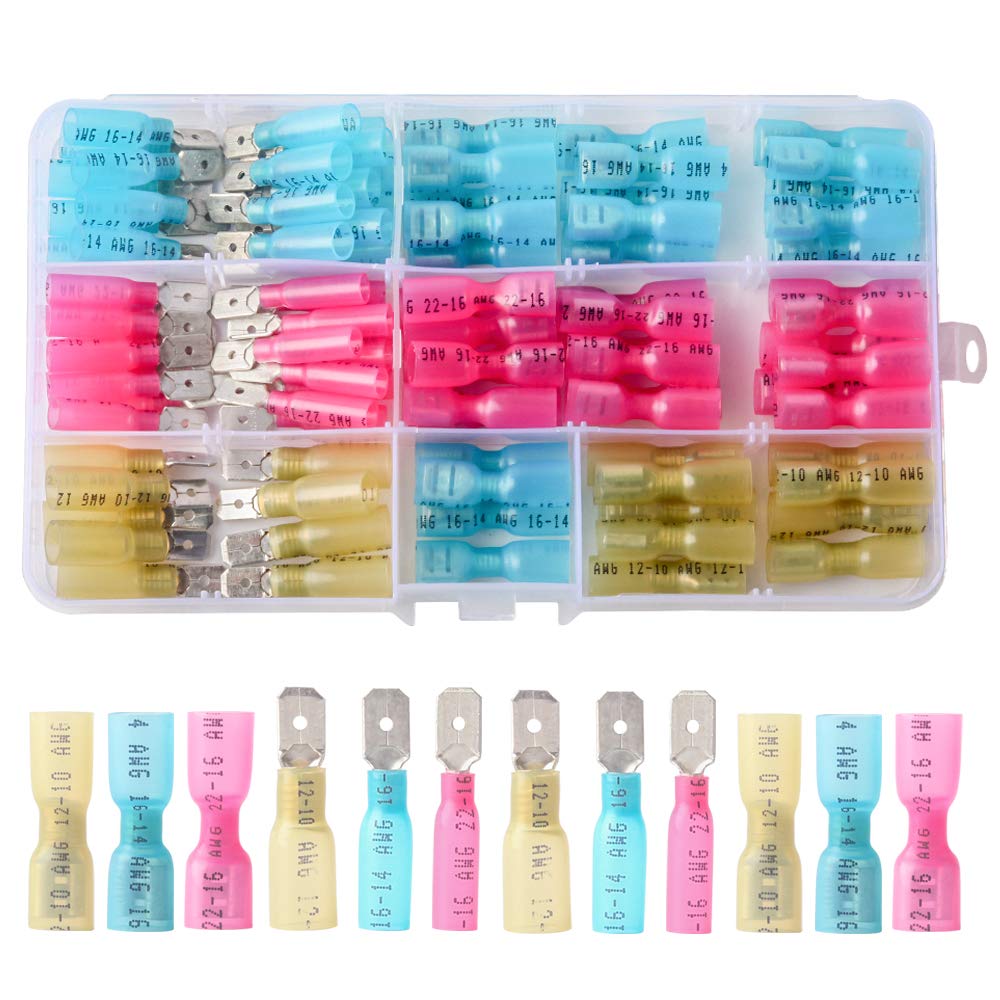 PONFY 100PCS Heat Shrink Spade Connectors Kit - Female & Male Quick Disconnect Crimp Terminals for Automotive, Marine & Home Electrical Wiring Repairs