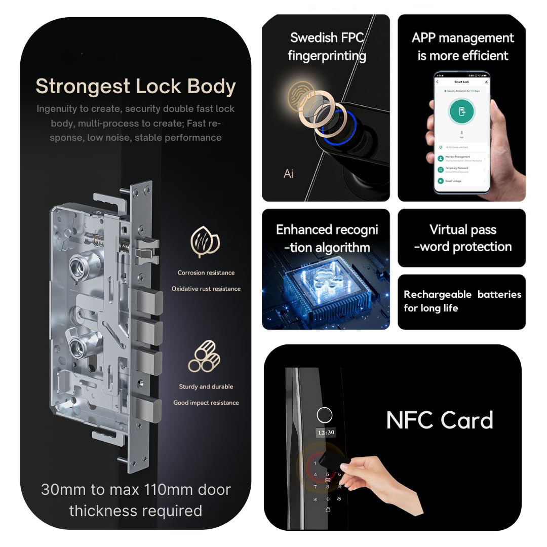 Golens X112 Smart Digital Door Lock - 6 Unlock Methods (Fingerprint, App, RFID, PIN, OTP, Key) | Keyless Entry Security for Homes & Offices | Perfect for Modern Smart Homes & Business Security Systems
