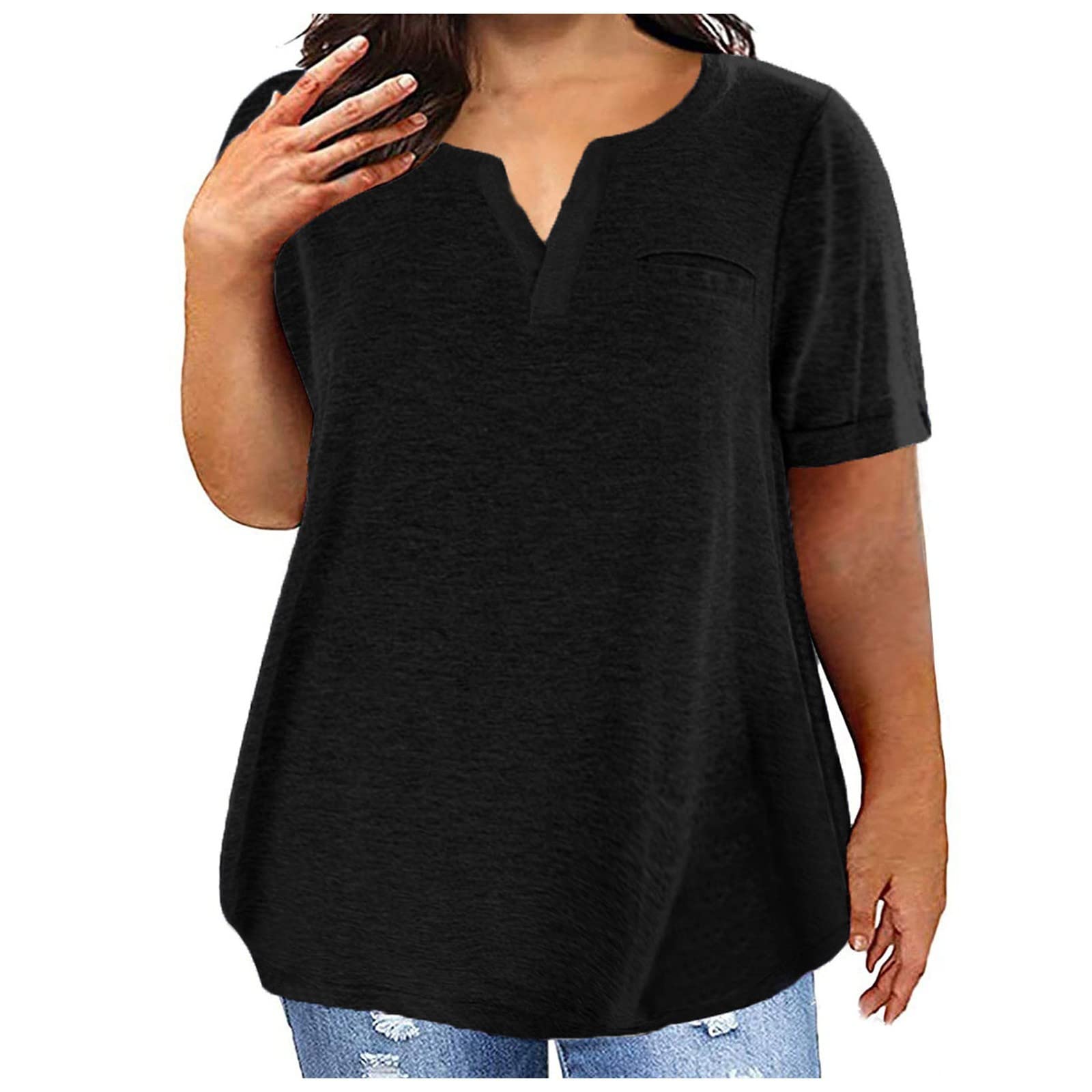 Trendy Plus Size Women's Casual Summer Tunic Tops - Loose Fit Notch Neck Short Sleeve Blouses & T-Shirts for Work, Vacation & Everyday Wear