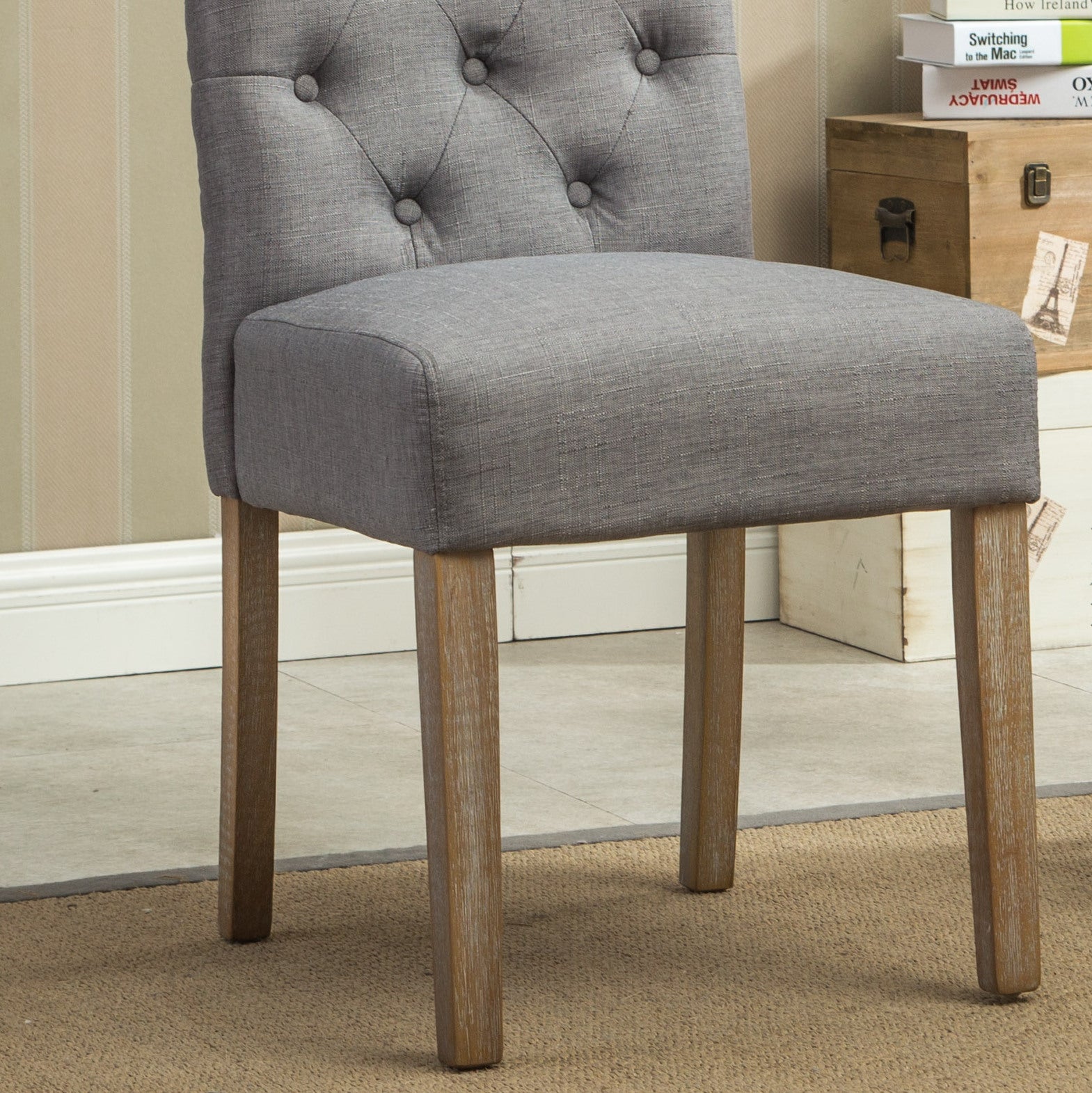 Roundhill Furniture Solid Wood Tufted Parsons Dining Chairs - Set of 2, Grey - Modern Farmhouse Style for Dining Room, Kitchen, or Home Office