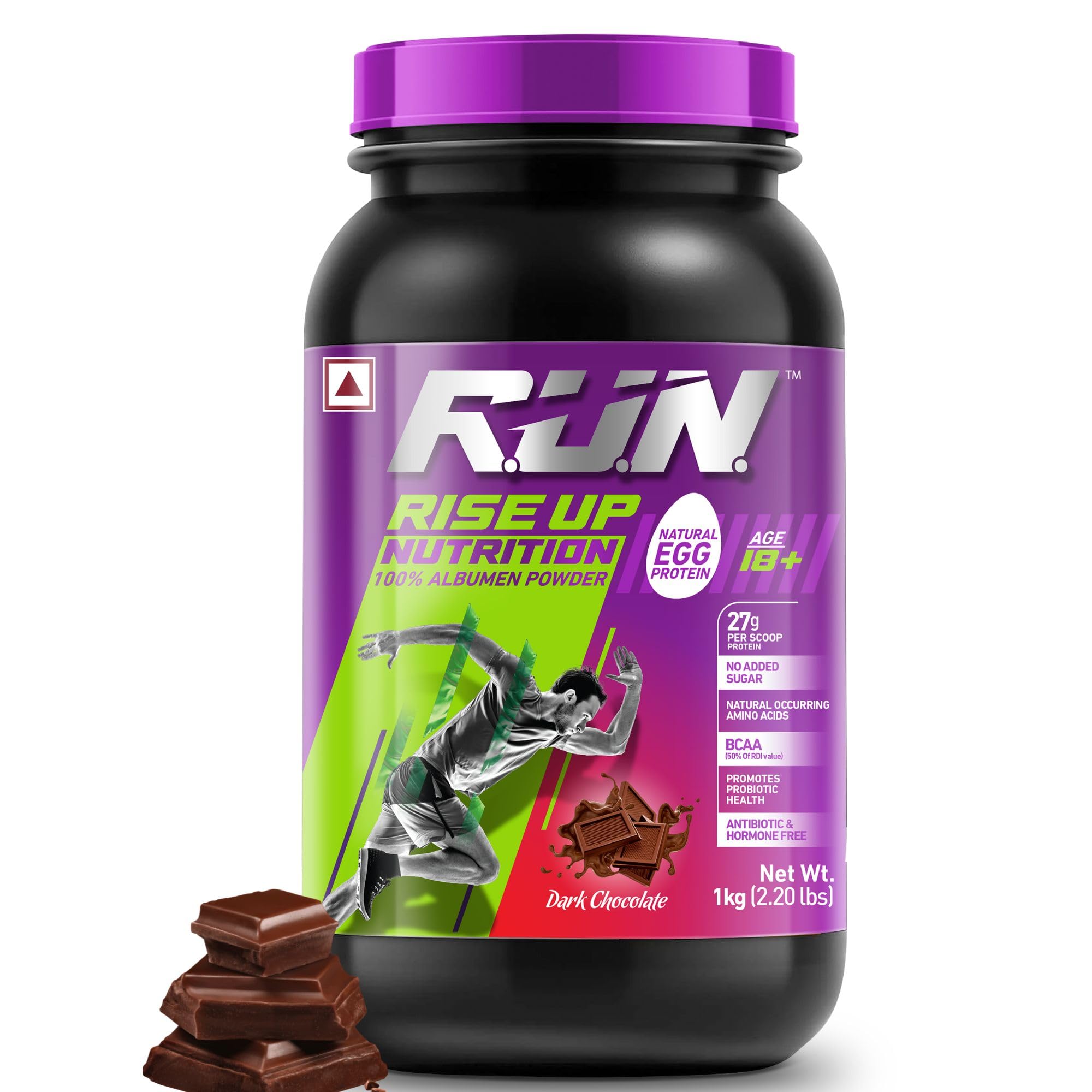 R.U.N-RISE UP NUTRITION Egg White Protein Powder for Athletes & Fitness | 27g Protein, 14g EAA | Lactose, Soy & Gluten Free | Dark Chocolate Flavor (1kg) - Supports Muscle Recovery & Immunity for Gym, Workout & Post-Training