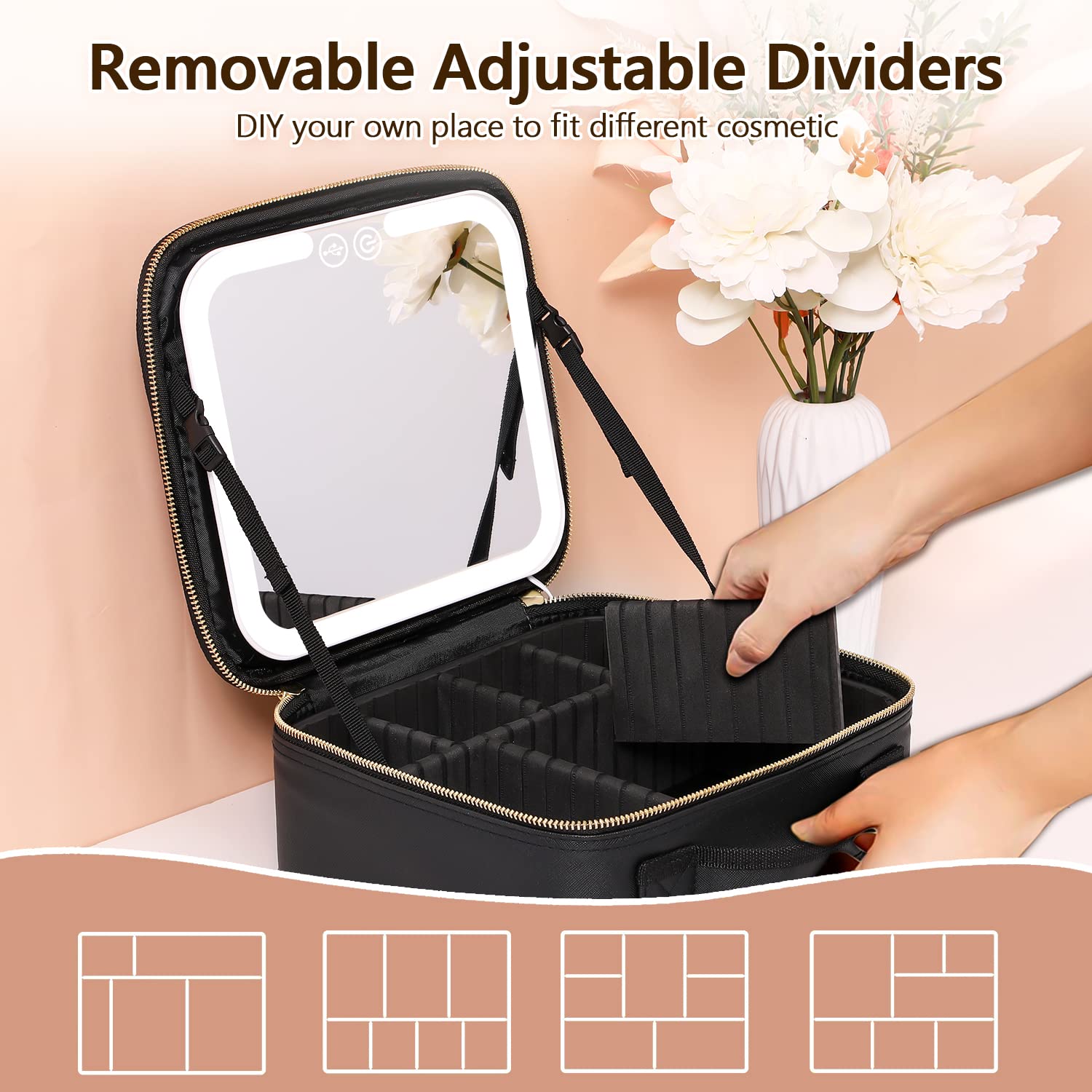VANMRIOR LED Lighted Travel Makeup Bag with Mirror - 3 Color Settings, Rechargeable Cosmetic Organizer Case for Women | Perfect for Travel, Home Vanity & Professional Makeup Artists