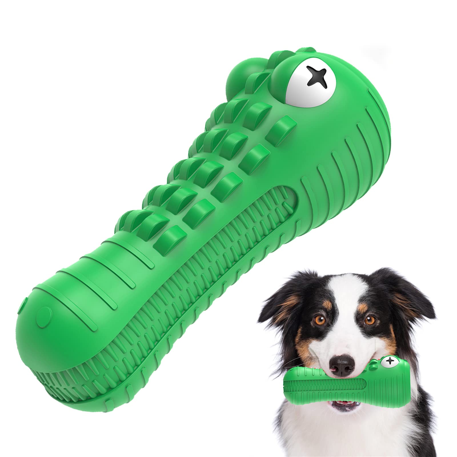 Durable Natural Rubber Dog Chew Toys for Aggressive Chewers - Squeaky Milk Flavor Chewing Toy for Medium & Large Dogs (Green Crocodile Design) | Perfect for Teething, Boredom Relief & Interactive Playtime