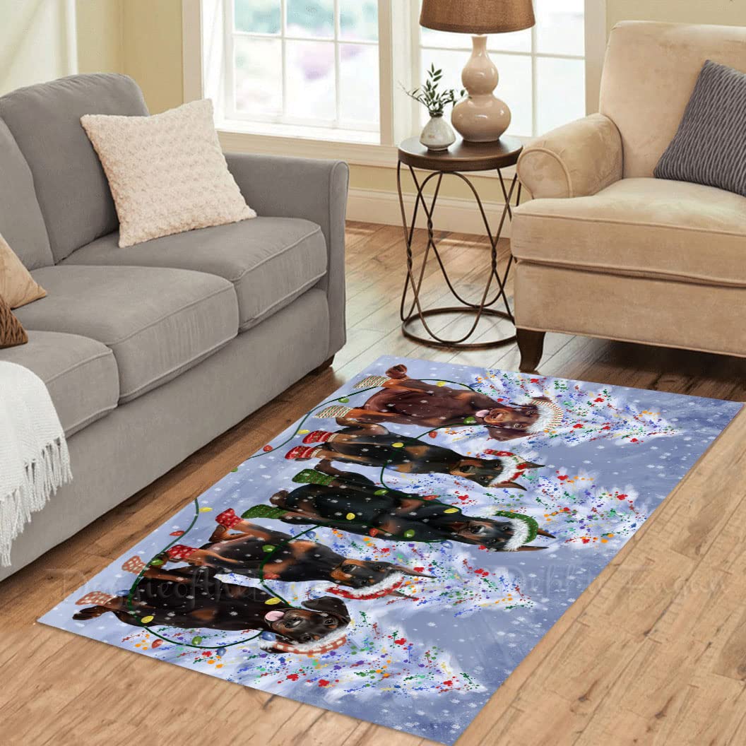 Ultra Soft Christmas Lights and Doberman Dogs Printed Area Rug - 7'x5' Unique Style Floor Carpet for Pet Lovers - Cozy Indoor Decorative Rug for Living Room, Bedroom & Holiday Decor