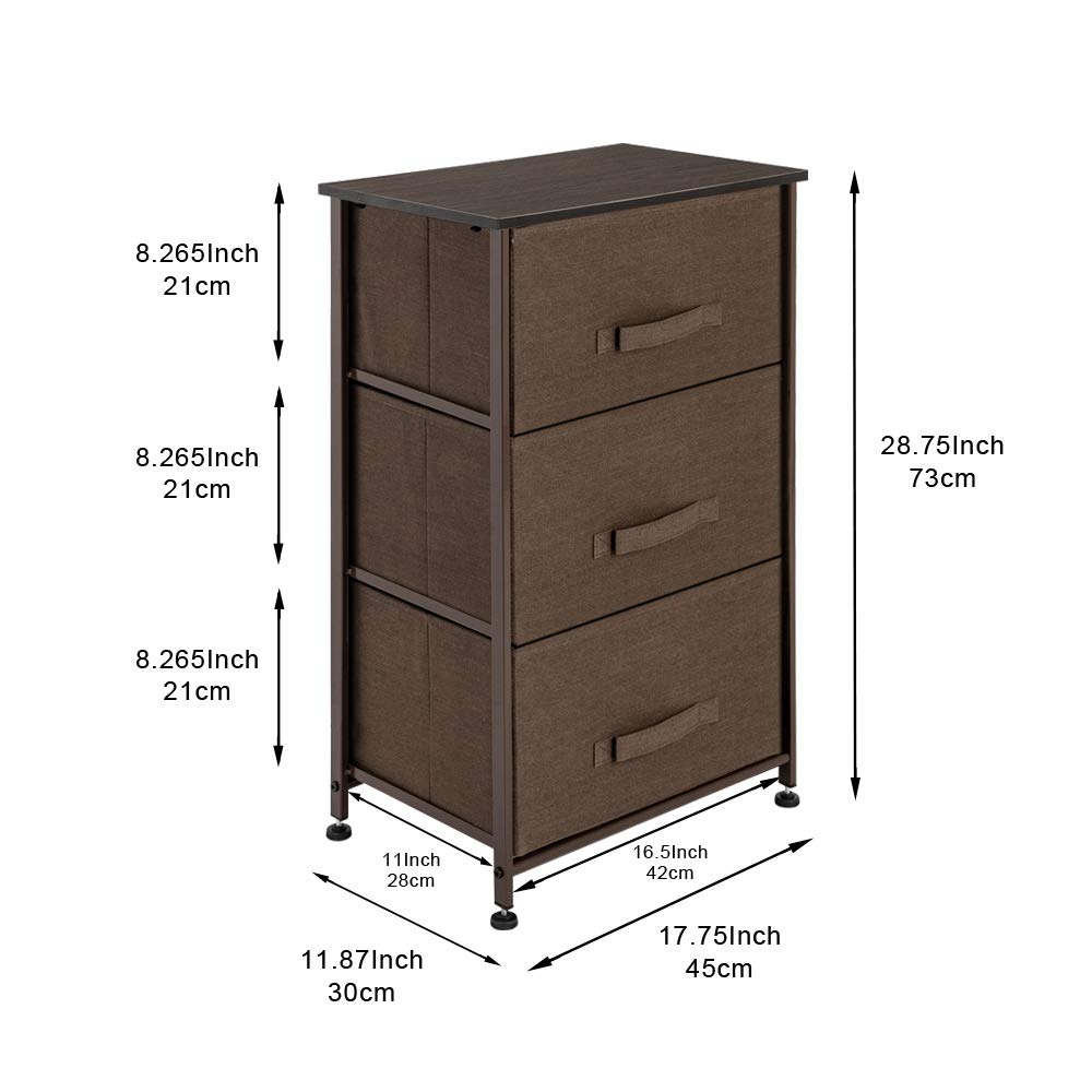 Modern Nightstand with 3 Fabric Drawers - Wood Top Bedside Table with Storage Bins - Lightweight Accent Furniture for Bedroom, Nursery, Hallway & Entryway - Perfect for Small Spaces & Apartment Living (Brown)