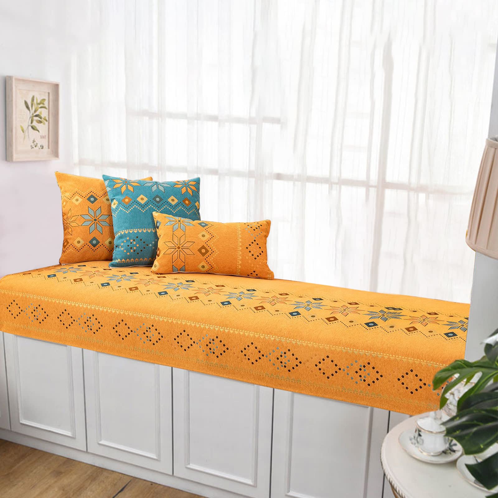 Non-Slip Boho Bay Window Cushion - Chenille Window Seat Mat for Indoor Sofa, Bench & Windowsill - Bohemian Home Decor for Bedroom & Living Room - Perfect for Reading Nooks, Sunbathing & Cozy Relaxation