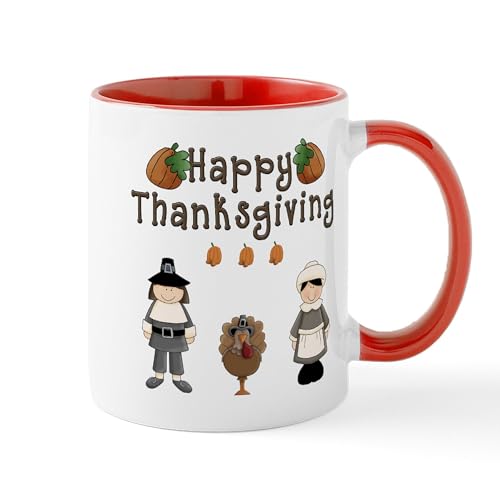 White/Red Inside - Happy Thanksgiving Pilgrims And Turkey Mugs