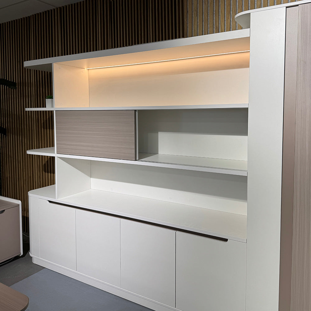 LUSH Display Unit 261.5cm White & Taupe - Modern Retail Shelving for Boutique, Clothing Store & Home Organization