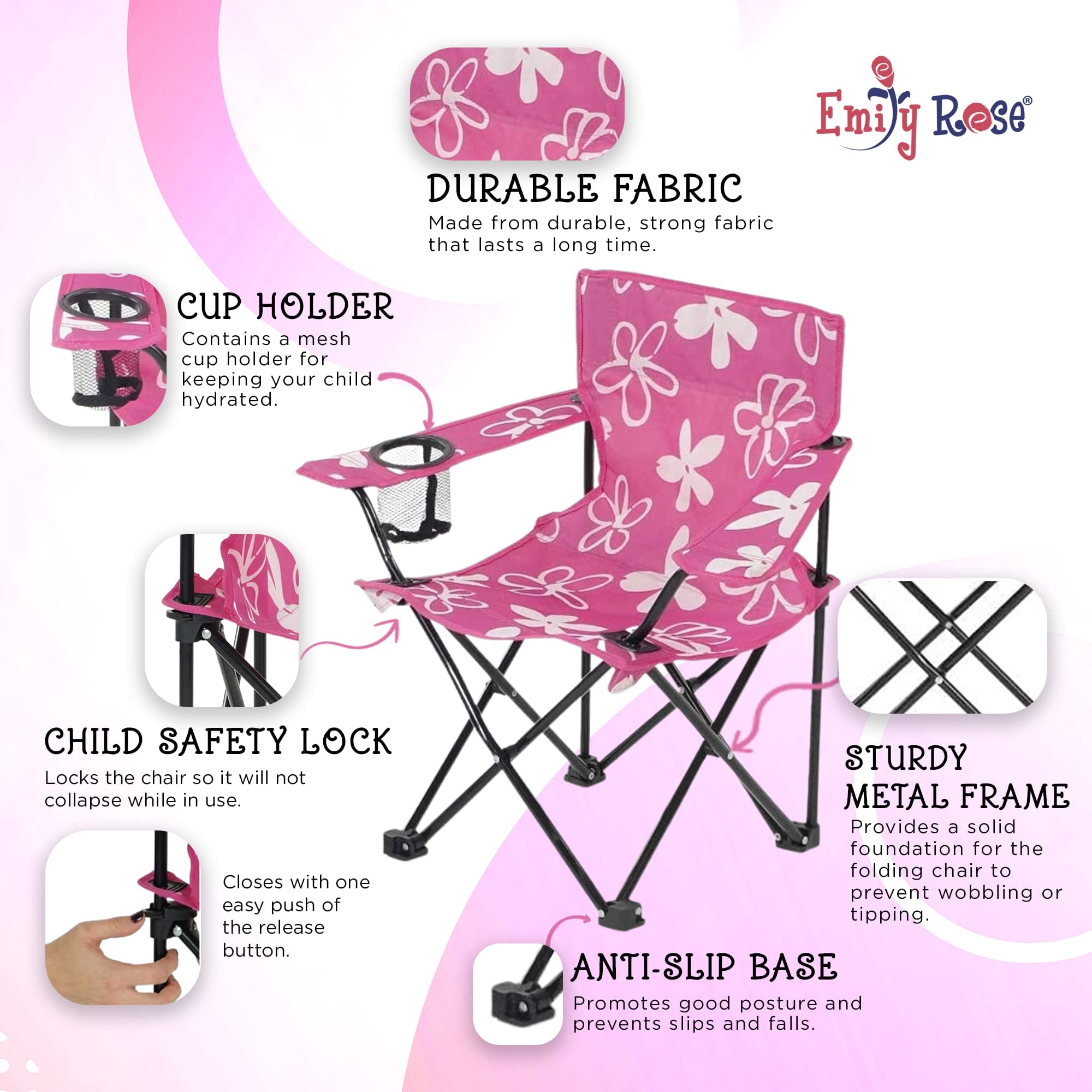 Emily Rose Kids Folding Chair with Safety Lock - Portable Pink Beach Chair for Girls & Toddlers with Cup Holder & Carry Bag - Perfect for Camping, Travel, Beach, Picnic, Tailgate, Indoor & Outdoor Use